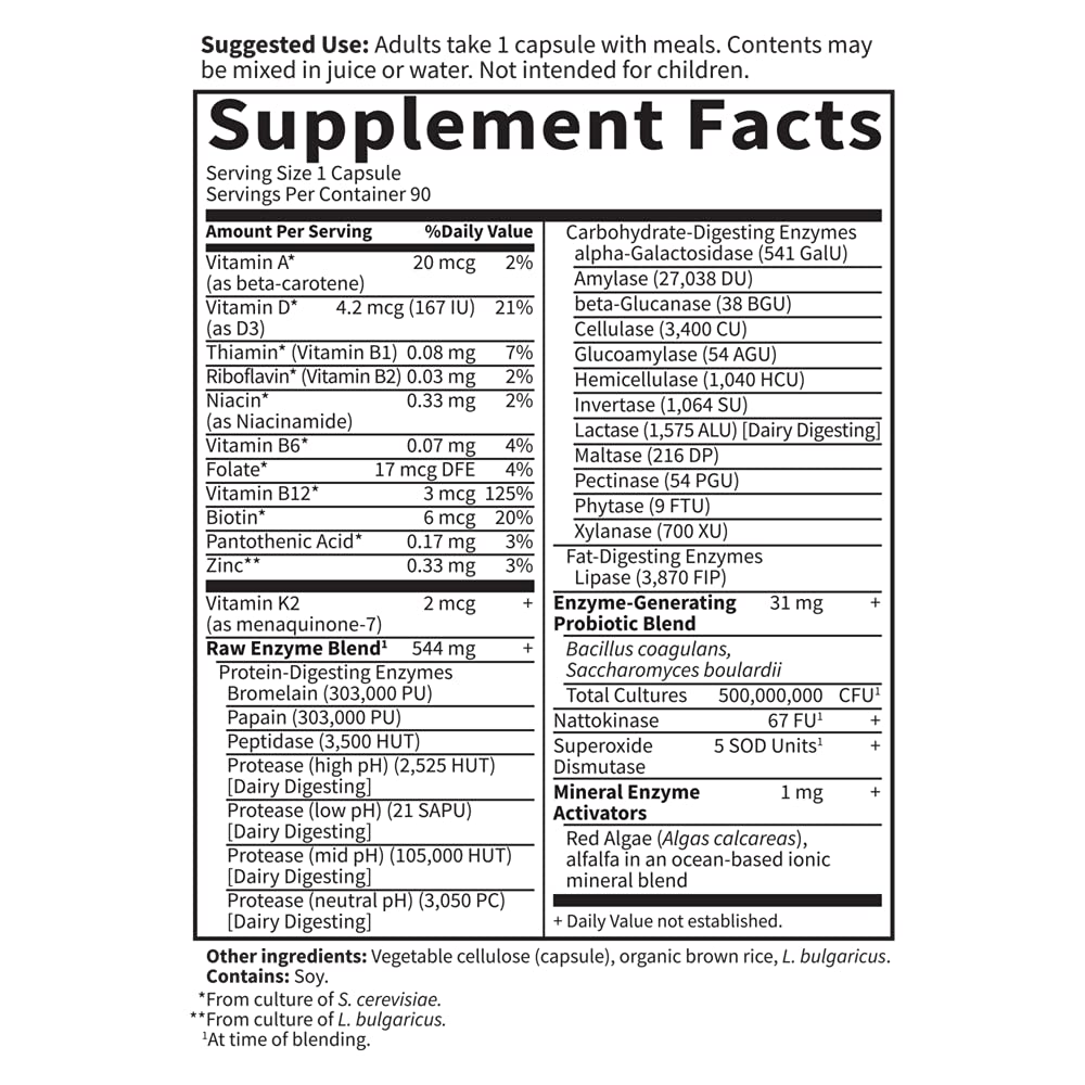 Garden of Life 22 Powerful Raw Enzymes for Women with Papain, Bromelain, Lactase plus Probiotics and Vitamins B12, Biotin and Zinc, Dietary Supplement with Digestive Enzymes, Vegetarian, 90 Capsules