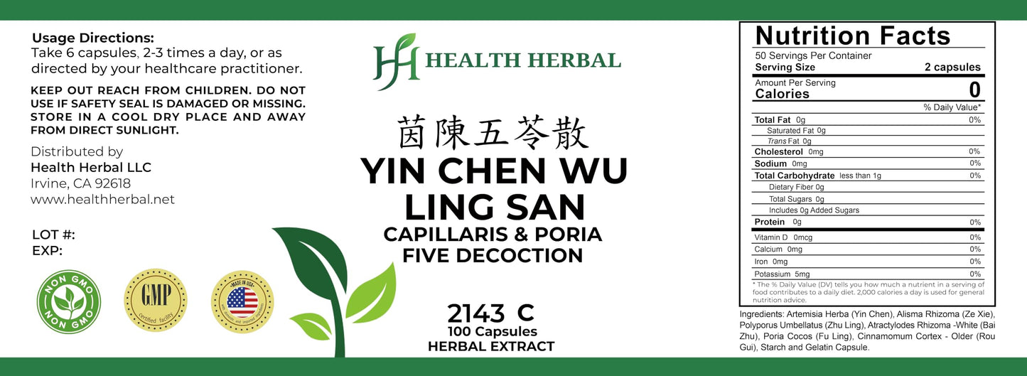 Health Herbal Yin Chen Wu Ling San/Capillaris & Poria Five Decoction 100 Capsules