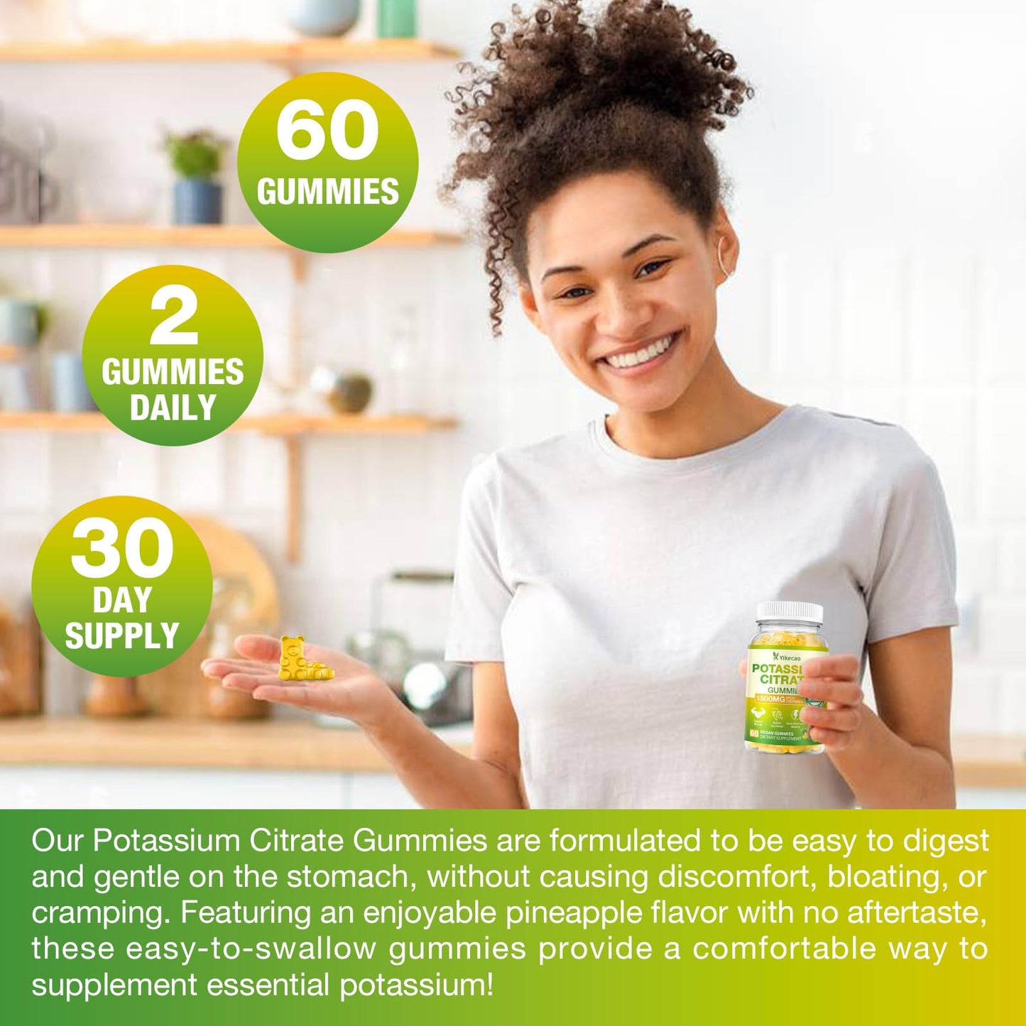 Yikecao Potassium Citrate Gummies 1500mg, Potassium Supplement Gummies for Adults, Women & Men, Sugar-Free Pineapple Flavor, 60 Count Gummies