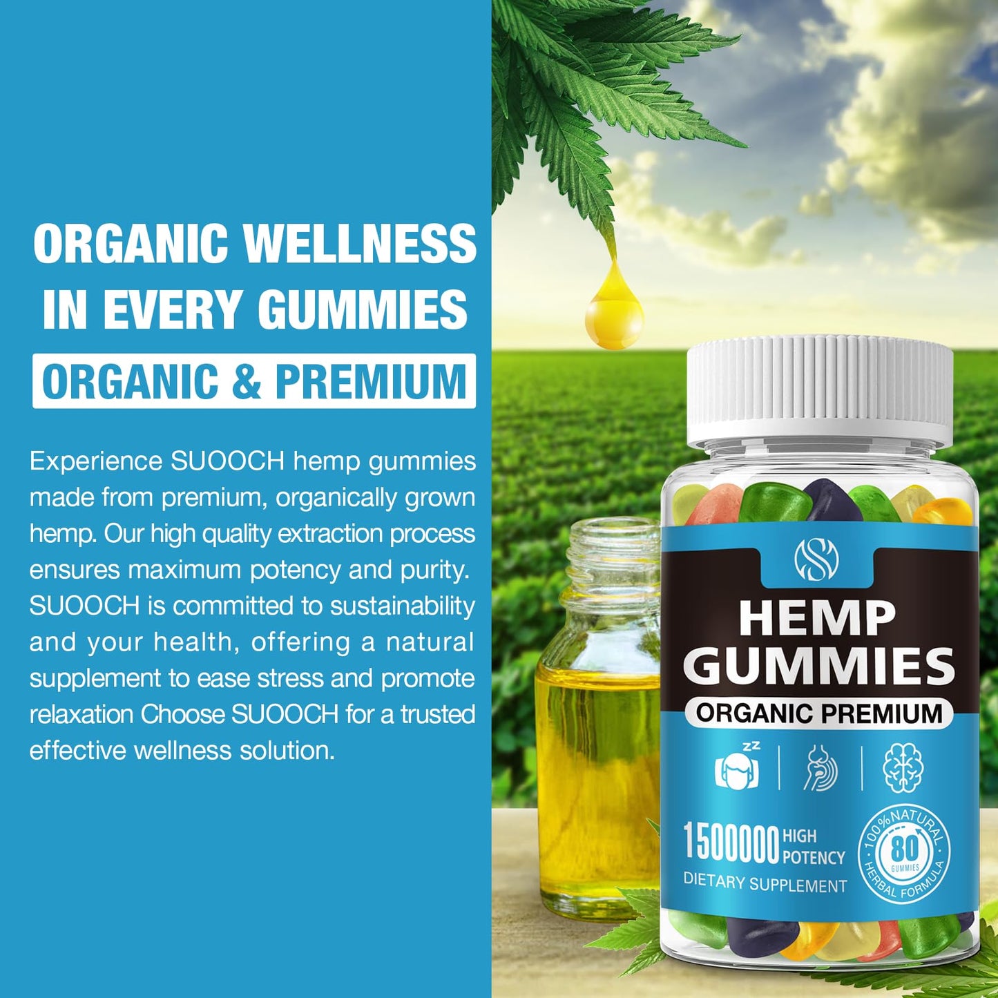 SUOOCH Hemp Gummies - Pure Extra Strength Organic Hemp Oil Extract, Gummy, 80 Count