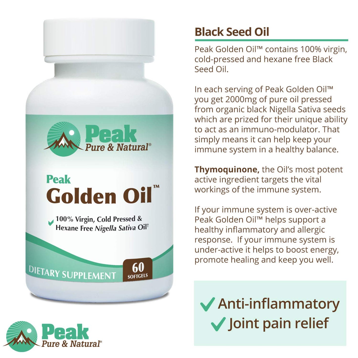 Peak Pure & Natural Peak Golden Oil Cold Pressed Organic Black Seed Oil Supplement Capsules, 60 Count