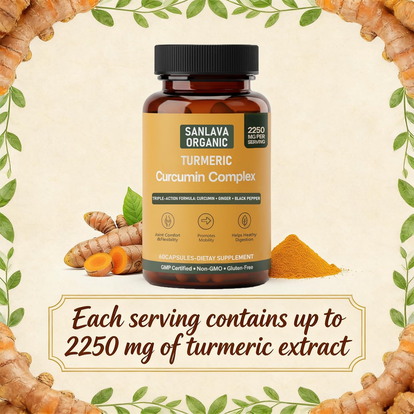 Sanlava Organic Turmeric 3 in 1, Curcumin Ginger Black Pepper, 60 Capsules
