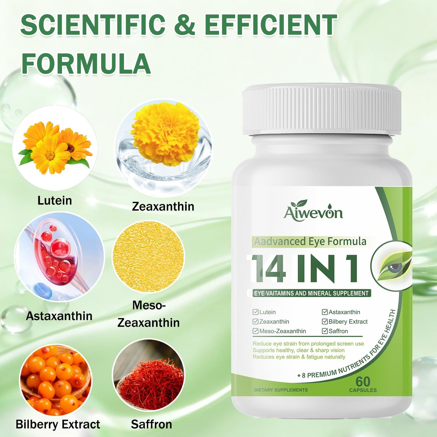 Aiwevon 14 in 1 Eye Vitamins Supplement for Vision & Eye Health – Lutein and Zeaxanthin Macular Support Formula for Clear Vision – Eye Supplements for Adults & Seniors, 120 Capsules