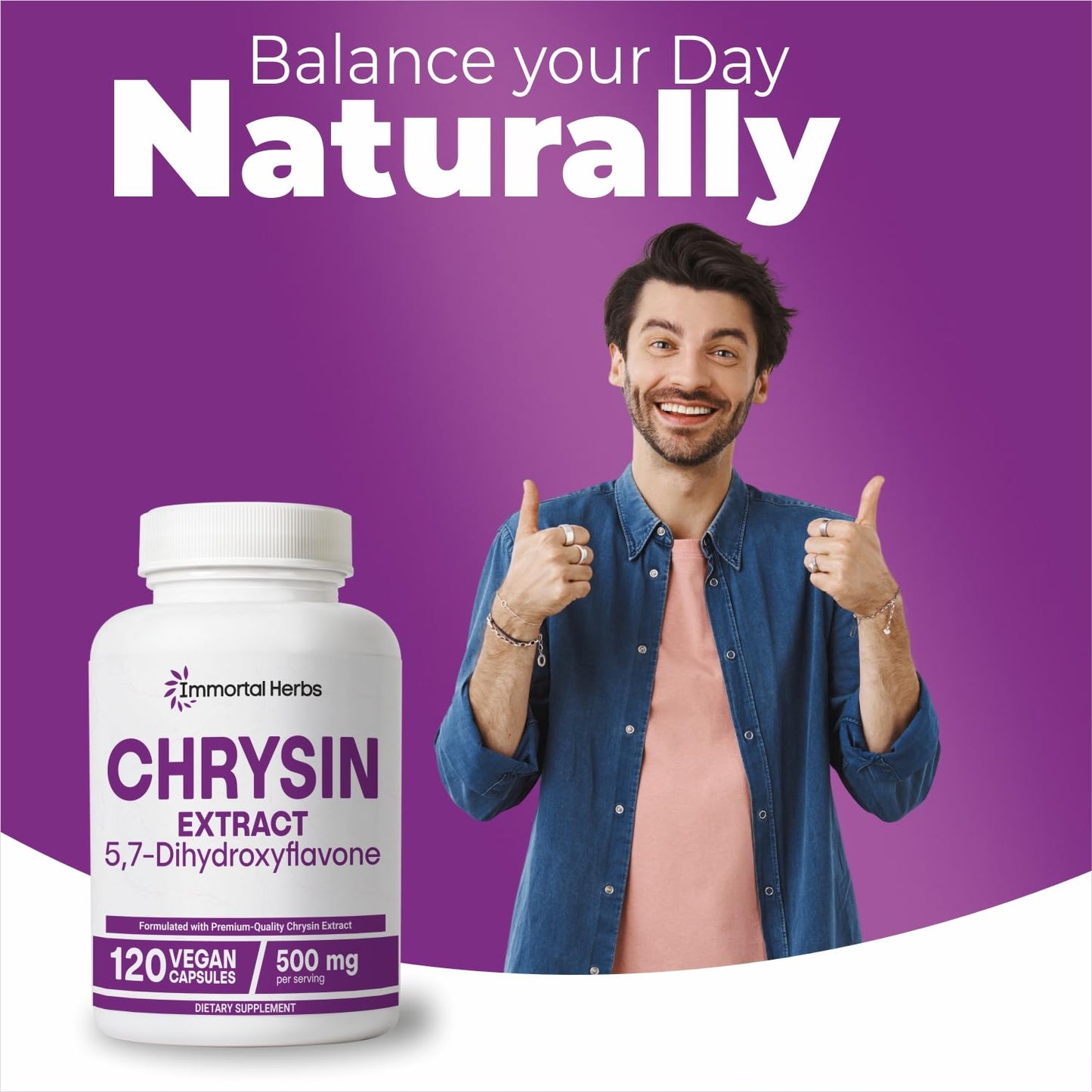Immortal Herbs Chrysin Supplement 500mg Capsule, 120 Count