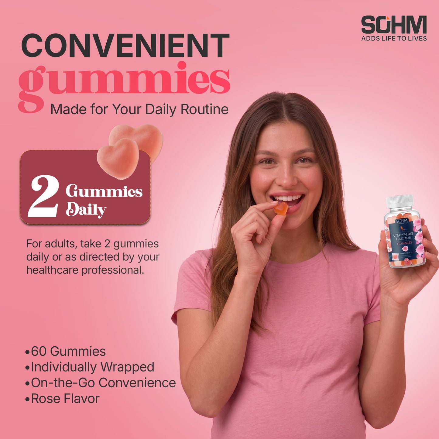 SOHM ADDS LIFE TO LIVES Folic Acid 300 mcg + Vitamin B12 for Women Gummy 60 Count