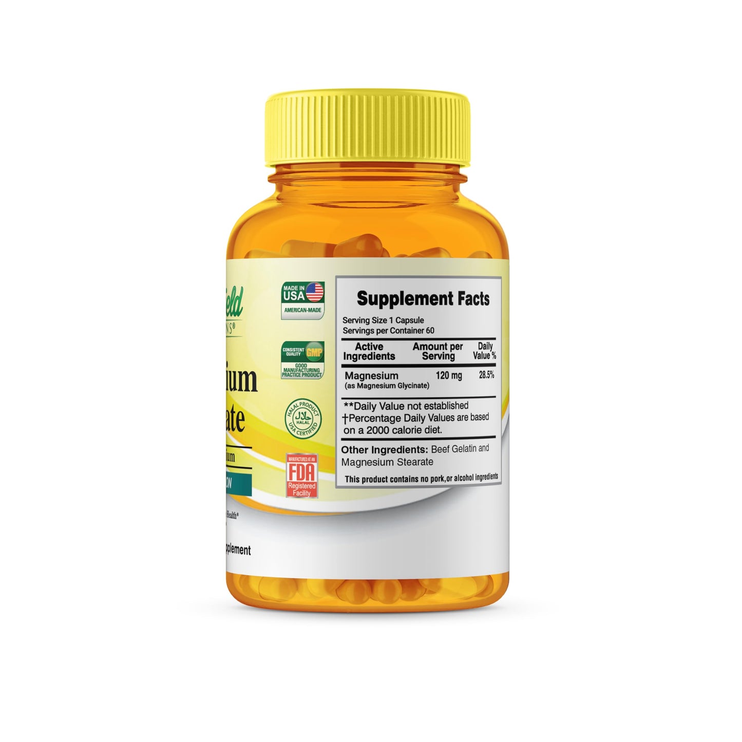 GREEN FIELD NUTRITIONS Halal Magnesium Glycinate 120mg Capsules, 60 Count
