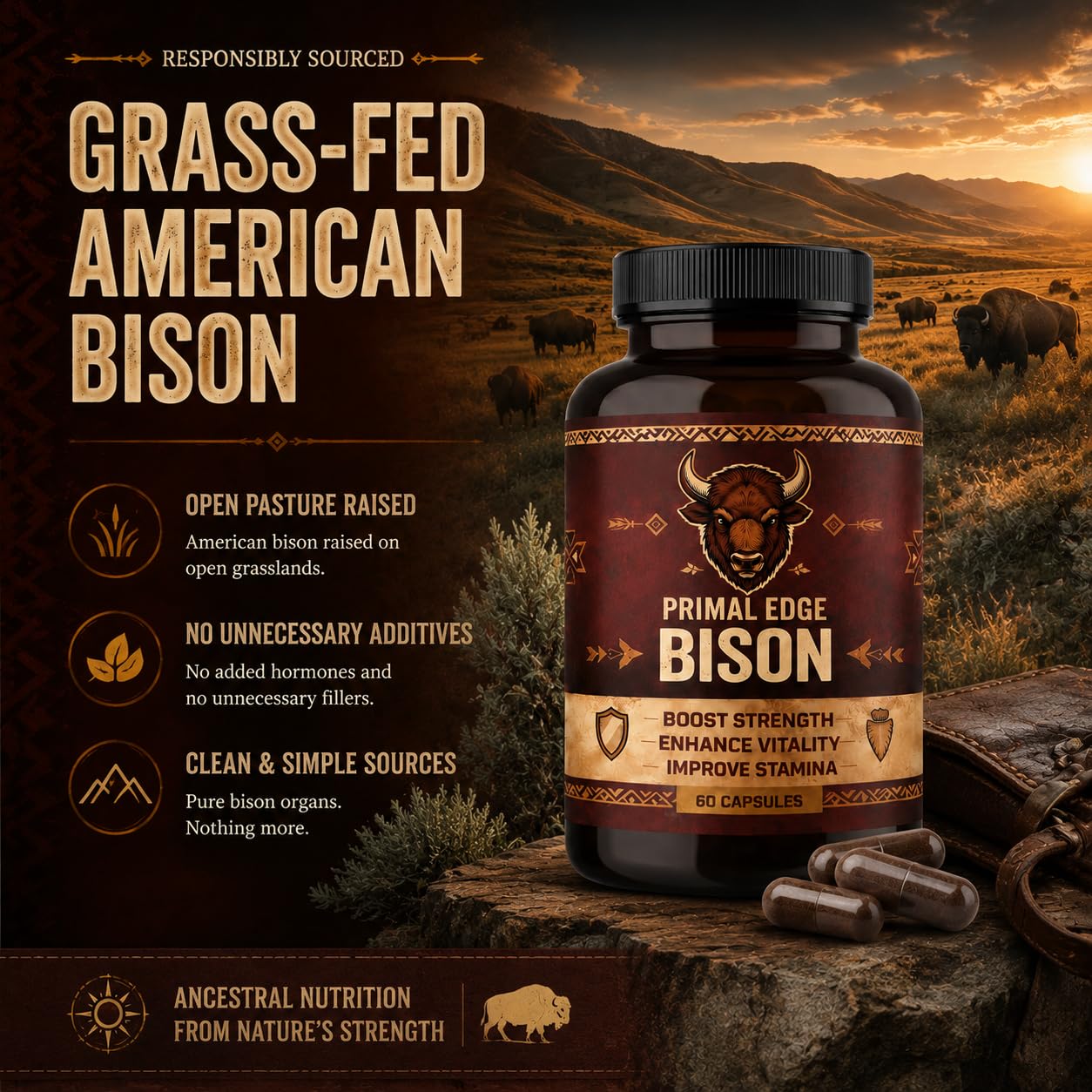 Kymezol Primal Edge Bison Grass-Fed American Bison Organ Supplement Capsule, 60 Capsules