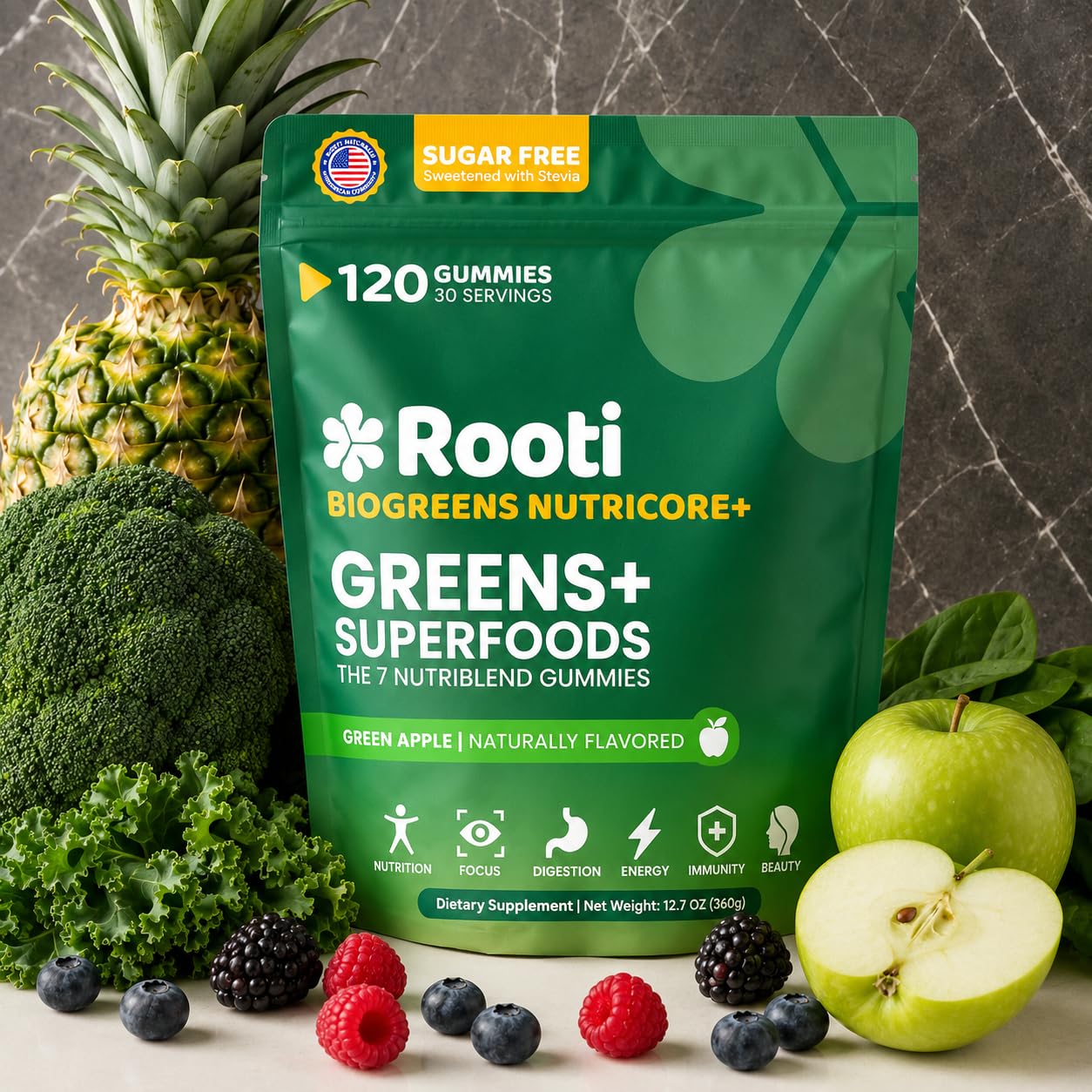 ROOTI Supergreens Multivitamin Gummies - Pre & Probiotics, Gut Health, 120 Gummies
