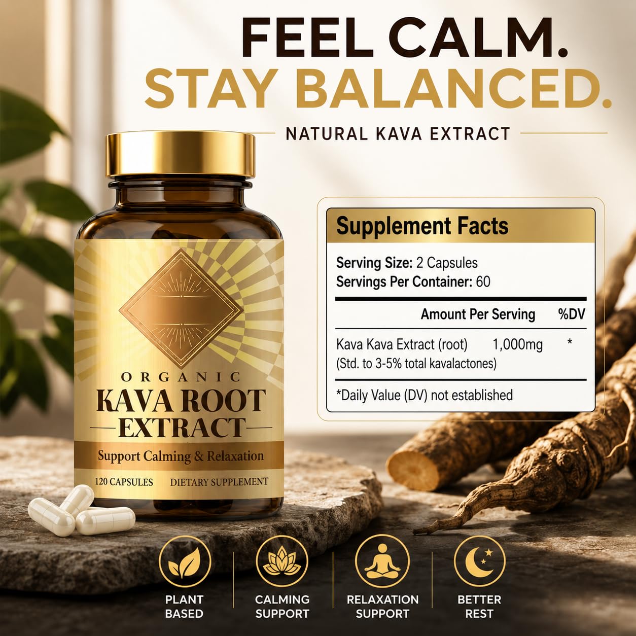 QDXHAYC Organic Kava Root Extract Capsule, 120 Capsules