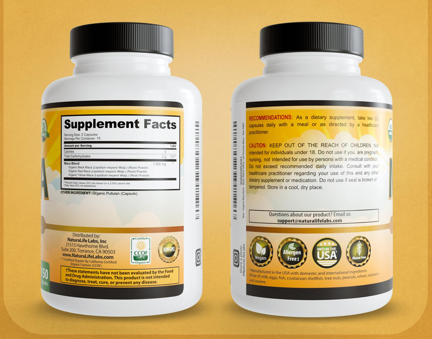 NaturaLife Labs Organic Maca Root – Black, Red & Yellow – 1900 mg per Serving – Gelatinized Peruvian Maca – Non-GMO, Gluten-Free, Vegan, 150 Capsules