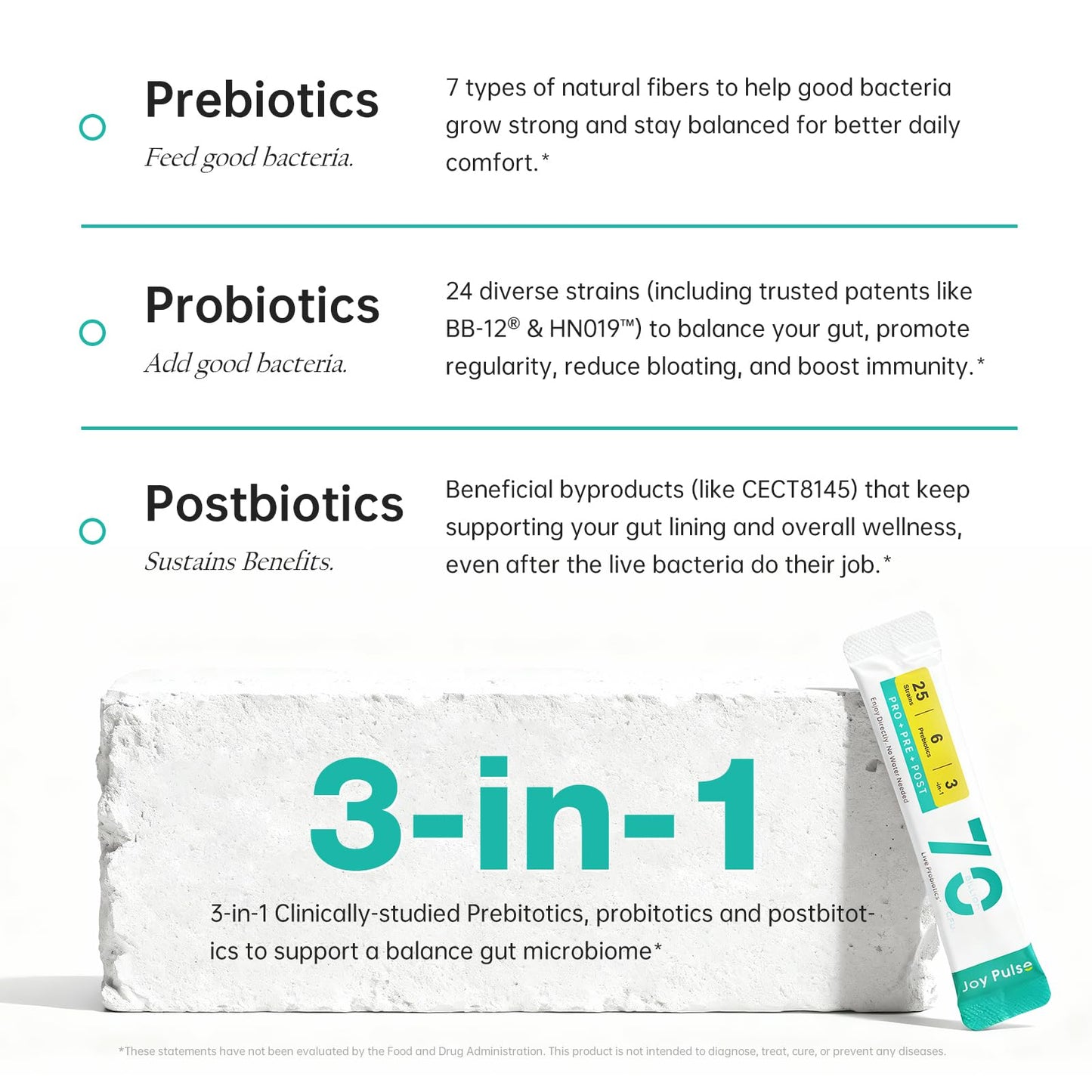 Joypulse 3-in-1 Probiotic Powder for Women & Men, 70 Billion CFU, 25 Strains, Prebiotics & Postbiotics, Dry-Eat Direct, No Water Needed, Digestive & Immune Support, Orange, 0.9 oz