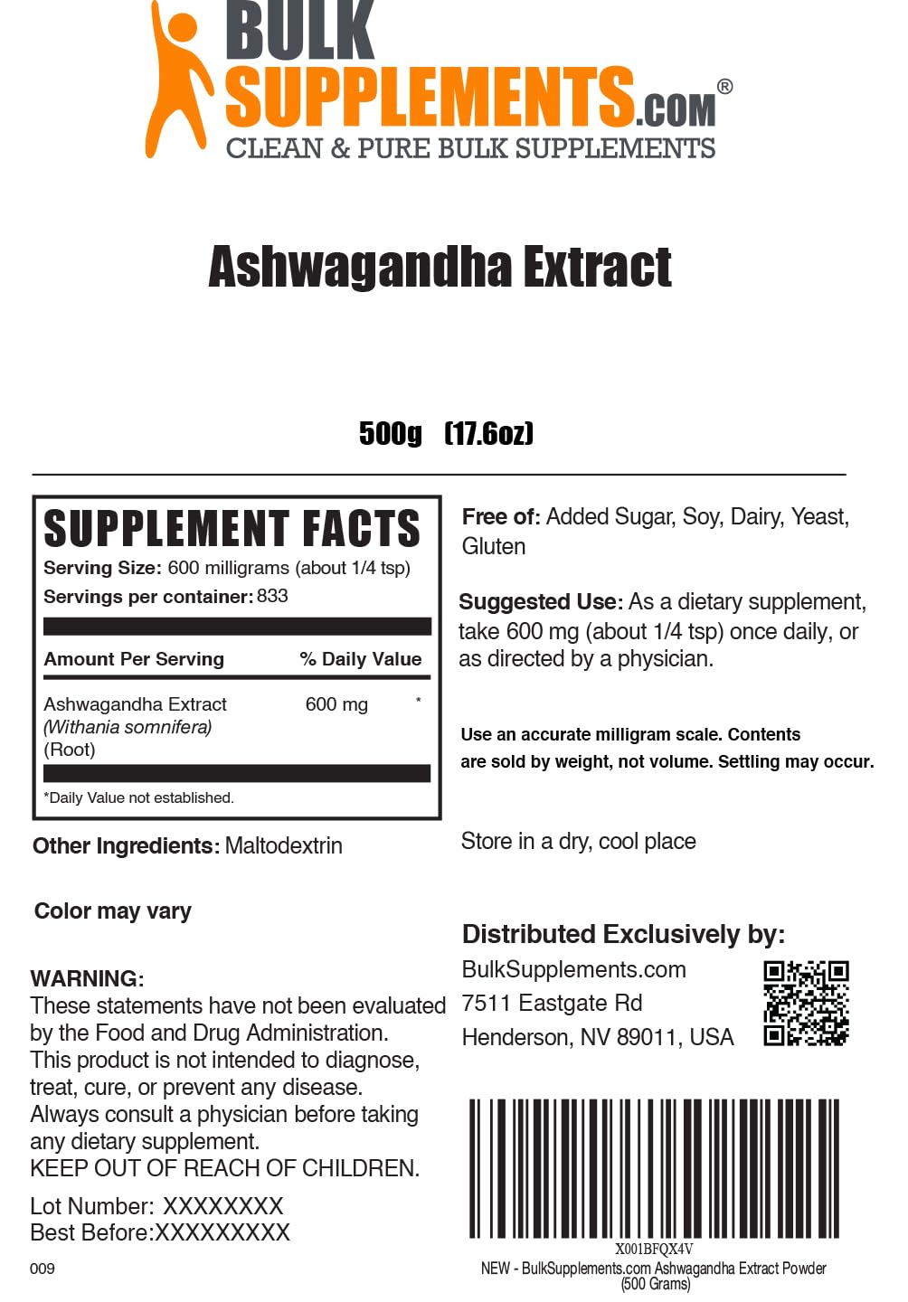BulkSupplements Ashwagandha Root Extract Powder, 500 g