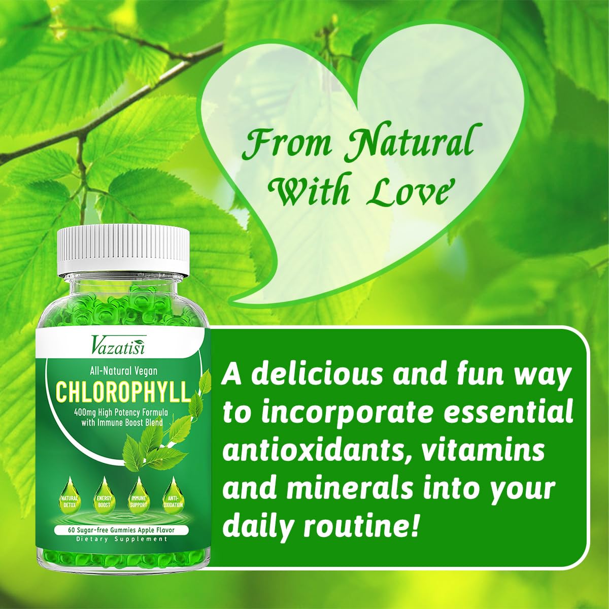 Vazatisi Chlorophyll Gummies - Super Green 13 in 1 with Ashwagandha, Vitamin C, Zinc & Copper for Body Odor, Skin, Energy, Immunity Support, Deodorant for Women, 120 Count