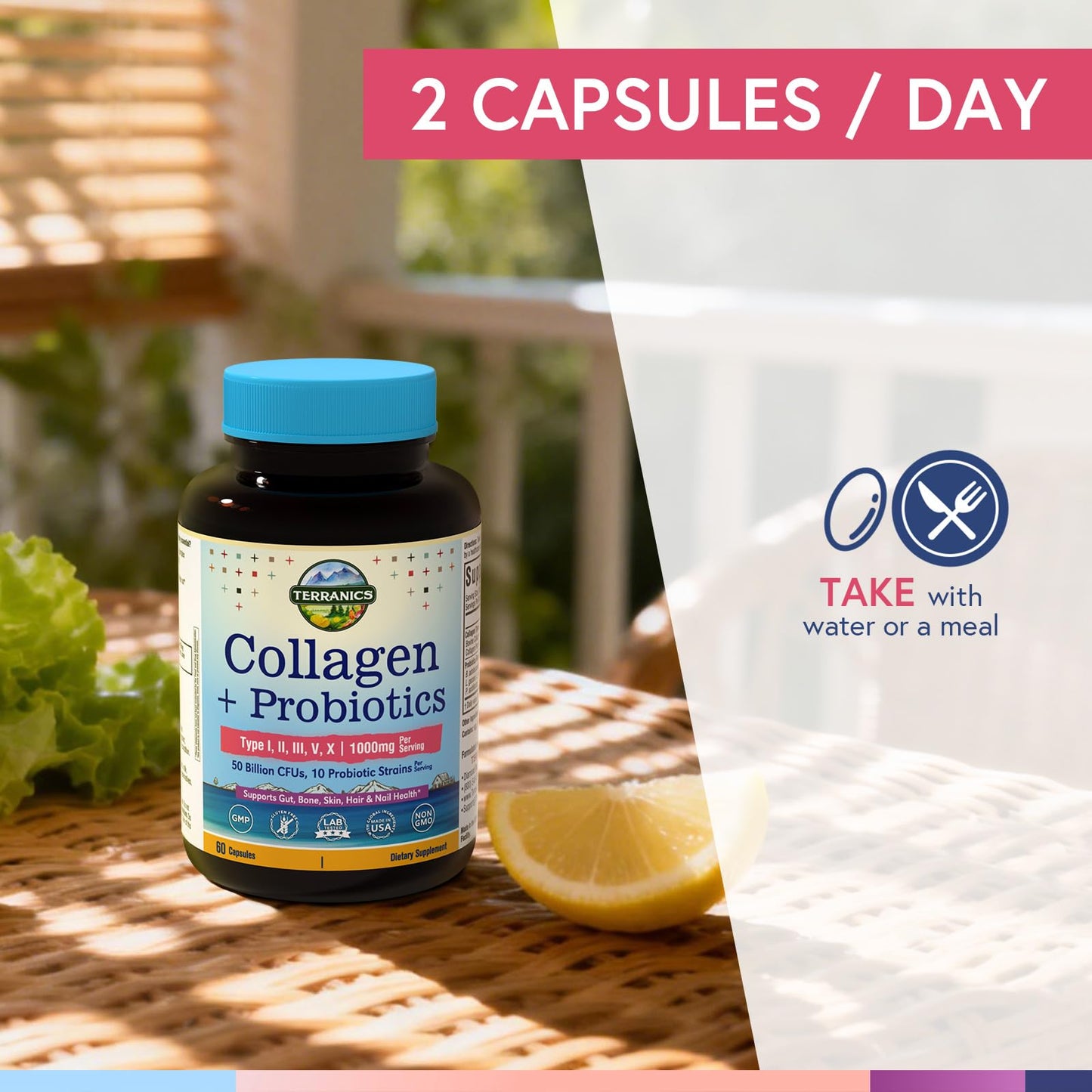 Terranics Multi Collagen Peptides Type I, II, III, V, X, 1000 mg Per Serving with Probiotics 50 Billion CFUs, 10 Strains, Supports Skin, Bone & Gut Health, Non-GMO, 60 Capsules