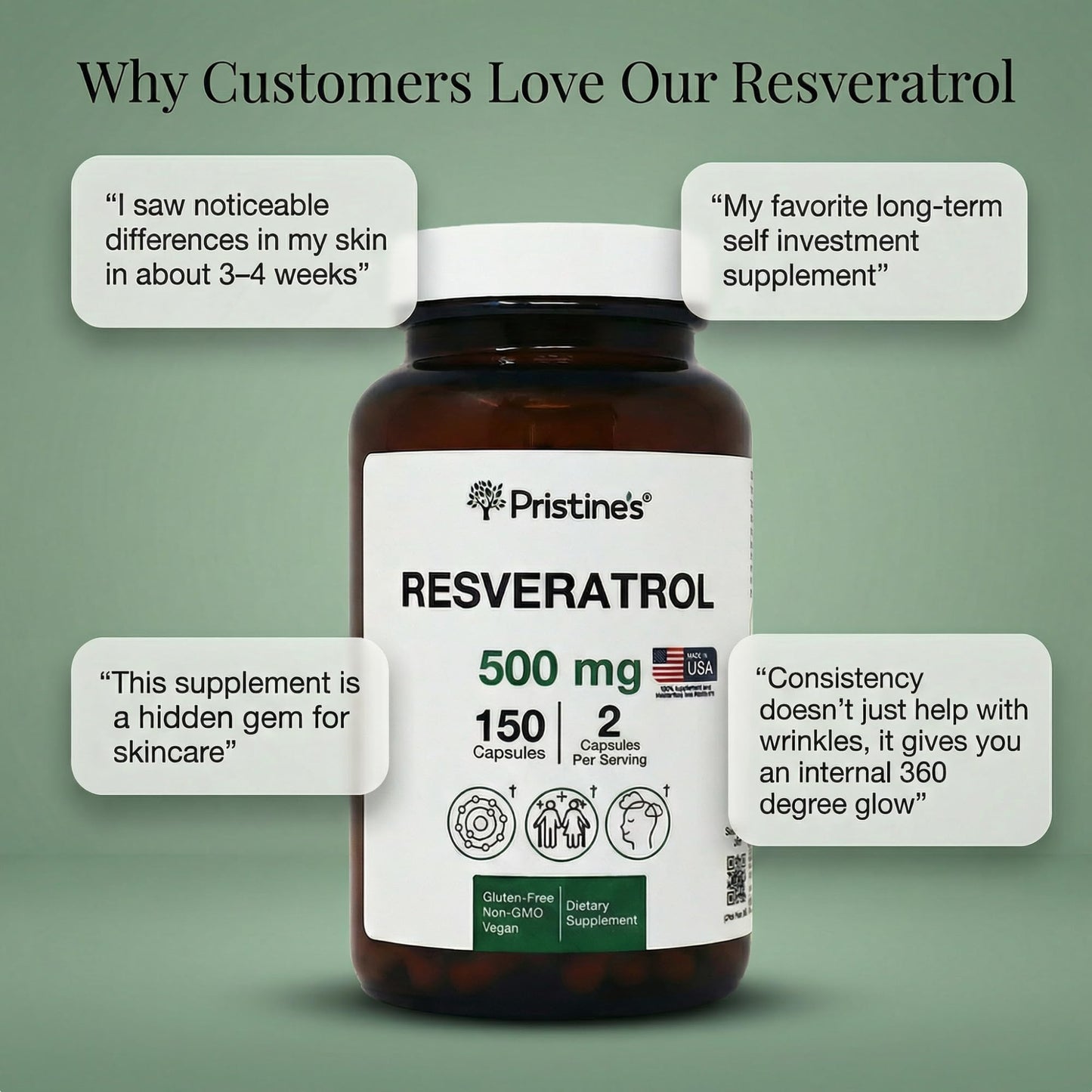 PRISTINE'S Resveratrol 500MG 75 Day Supply Anti Aging Antioxidant & Heart Health Supplement Capsules 150 Count