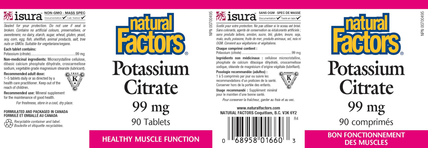 Natural Factors Potassium Citrate 99 mg Tablets, 90 Count