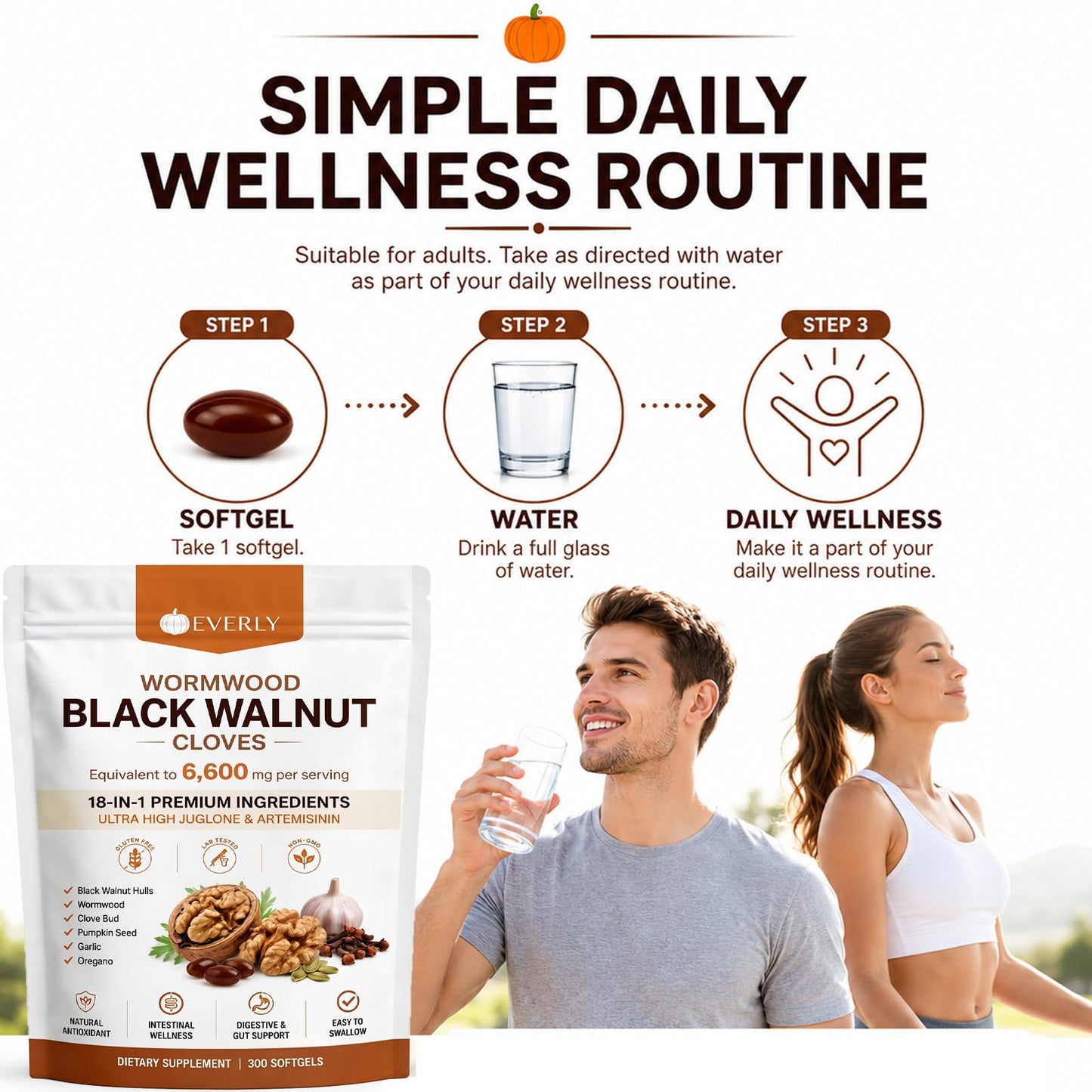 Everly Wormwood Black Walnut Cloves 18-in-1 Premium Ingredients Digestive Health & Gut Wellness Capsule, 300 Count