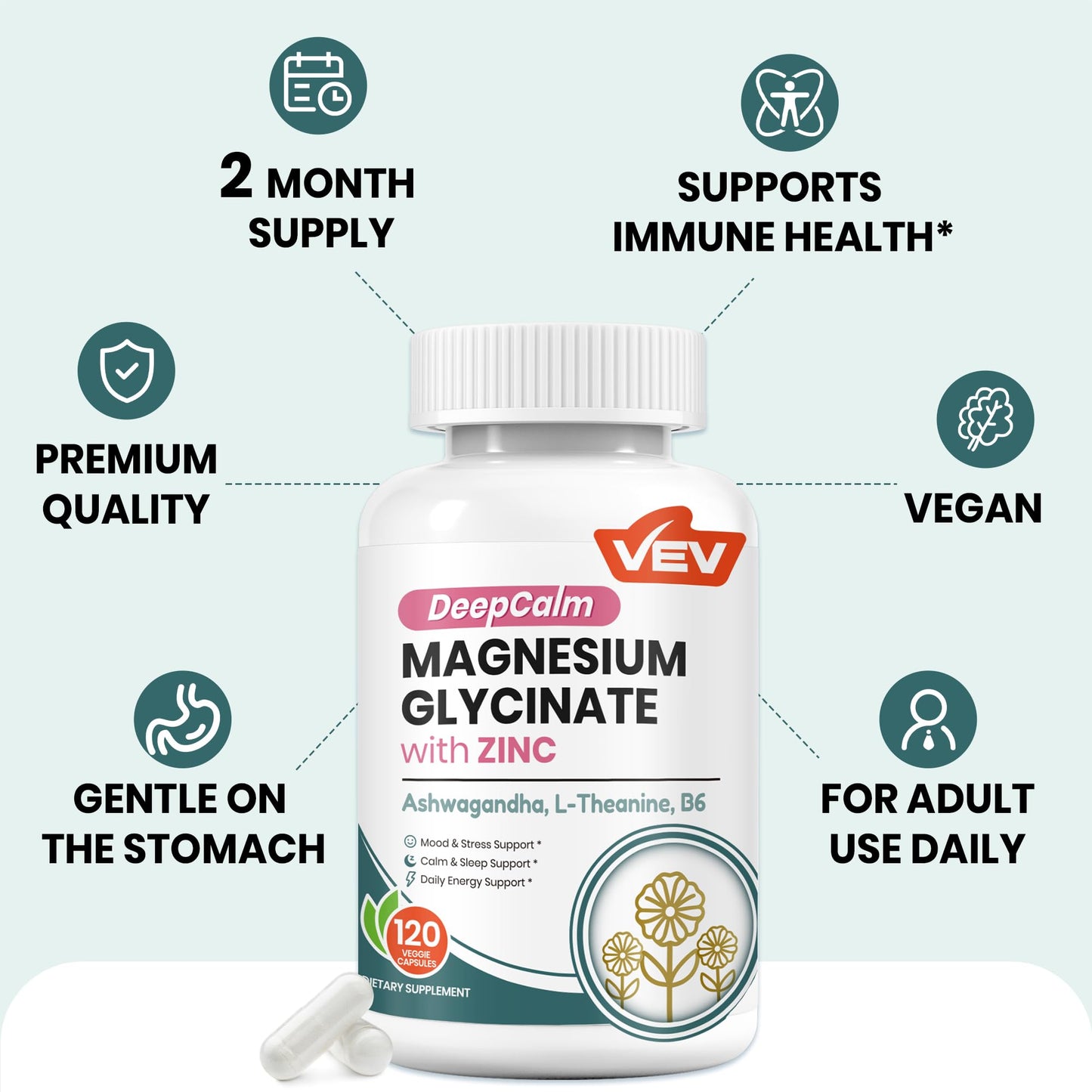 VEV Deep Calm Magnesium Glycinate and Zinc Supplement with Vitamin B6, Ashwagandha & L-Theanine Capsules 120