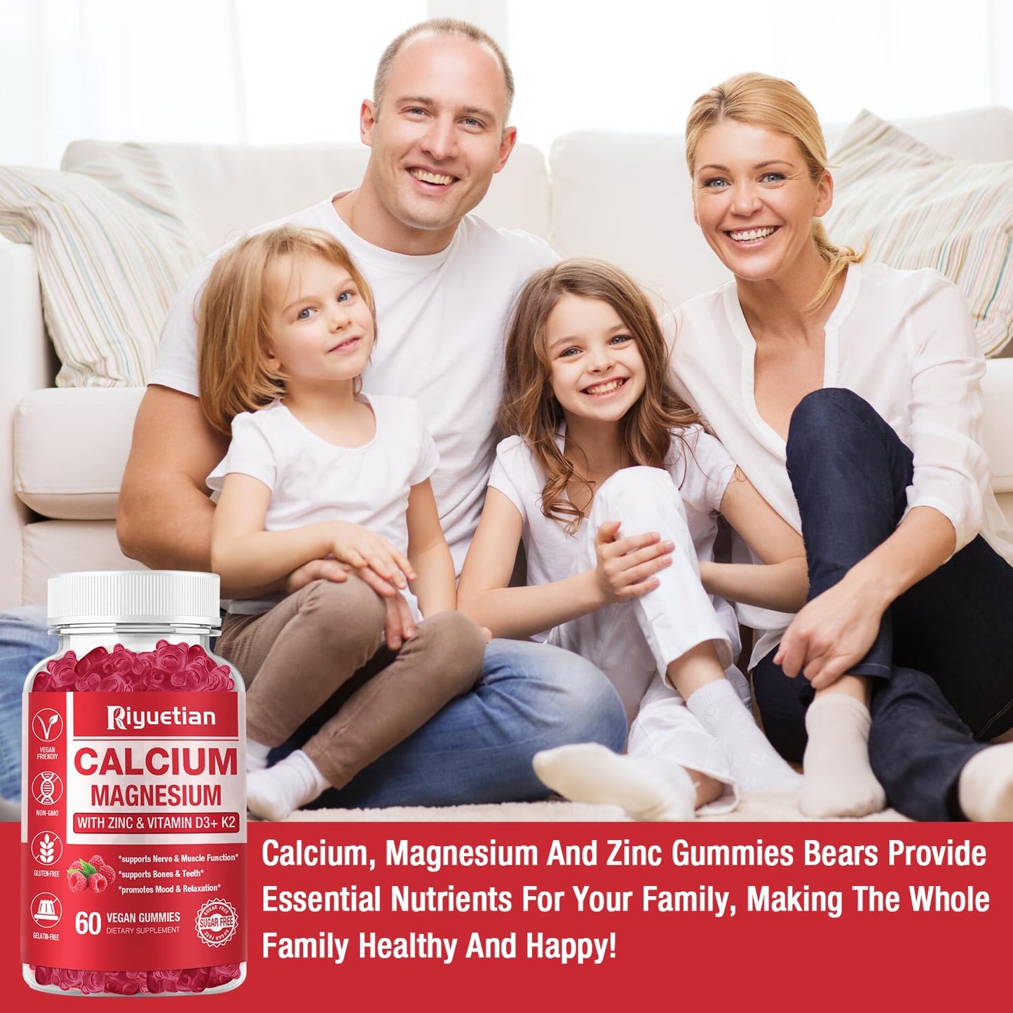 Riyuetian Calcium Gummies + Magnesium & Zinc with Vitamin D3 & K2, High Absorption Calcium Supplement for Bone, Teeth & Immune Support, Non GMO, Vegan, Gummy, 60 Count