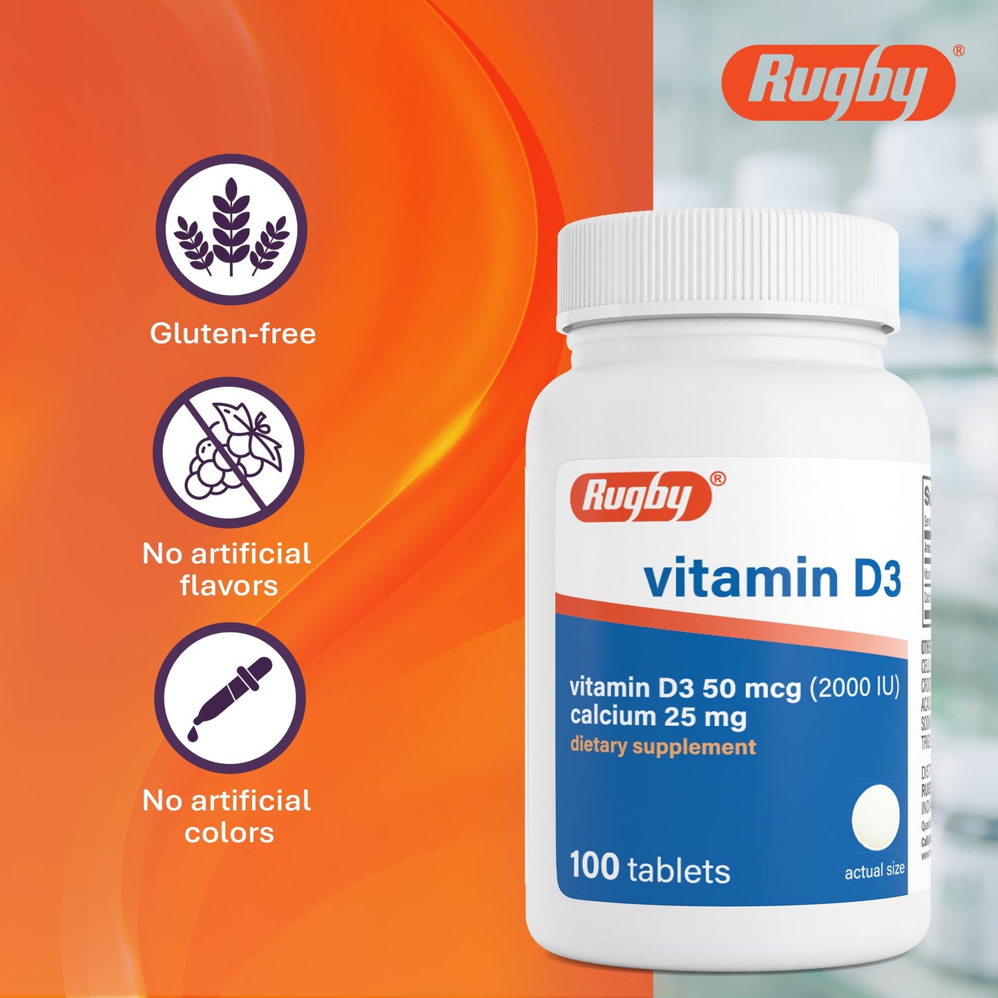 Rugby Laboratories Vitamin D3 2000 IU (50 mcg), 100 Tablets