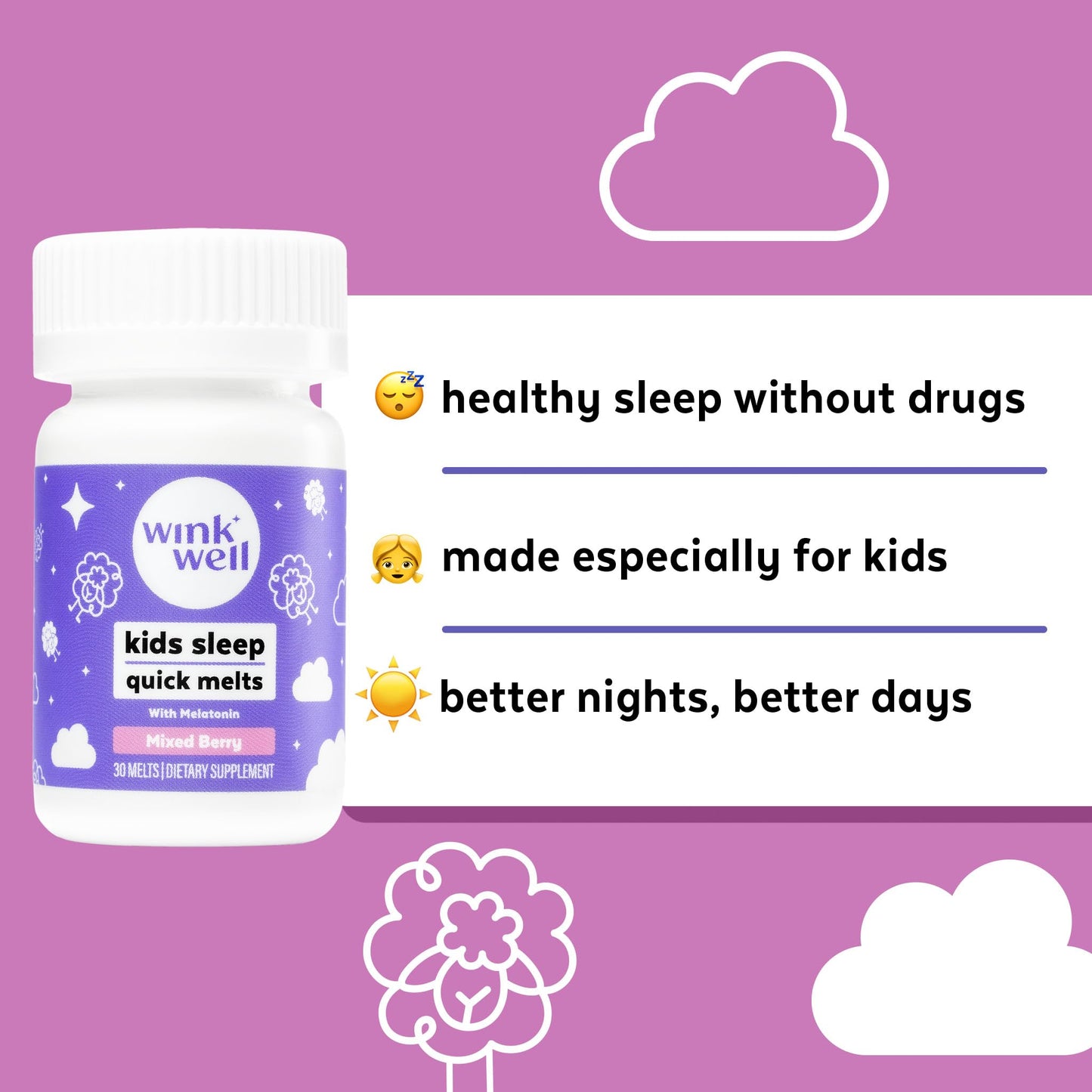 Wink Naturals Kids Melatonin Chewable Melts Sleep Aid Chews with Melatonin 1mg, 30 Melts