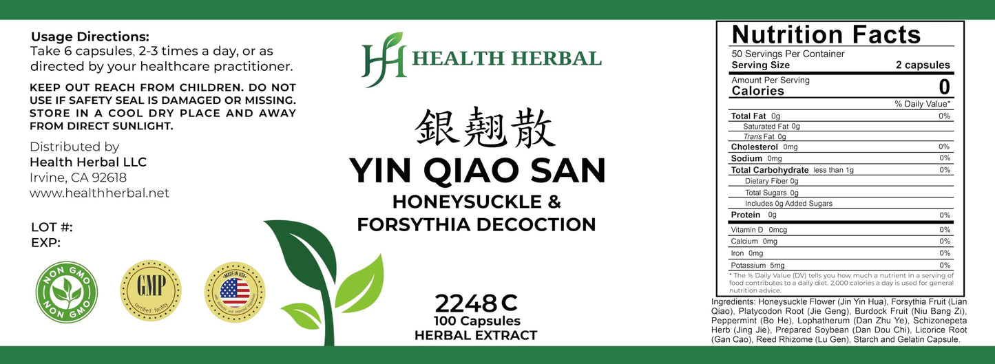 Health Herbal Yin Qiao San/Honeysuckle & Forsythia Decoction Capsules, 100 Capsules