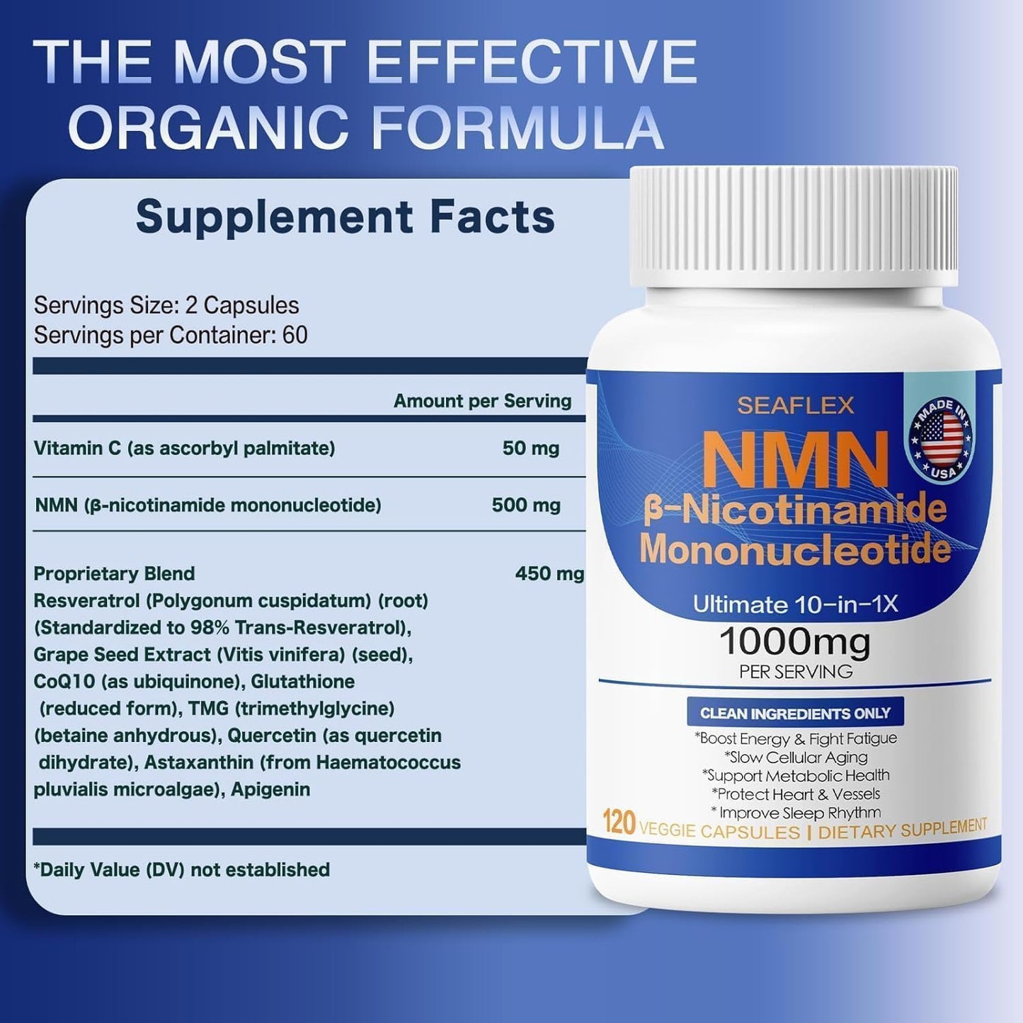 SEAFLEX NMN 1000mg Per Serving, 10-in-1 with Nicotinamide Mononucleotide, Resveratrol, CoQ10, Quercetin & Glutathione, NAD+ Precursor Stabilized NMN Supplements 1000mg, 120 Veggie Capsules