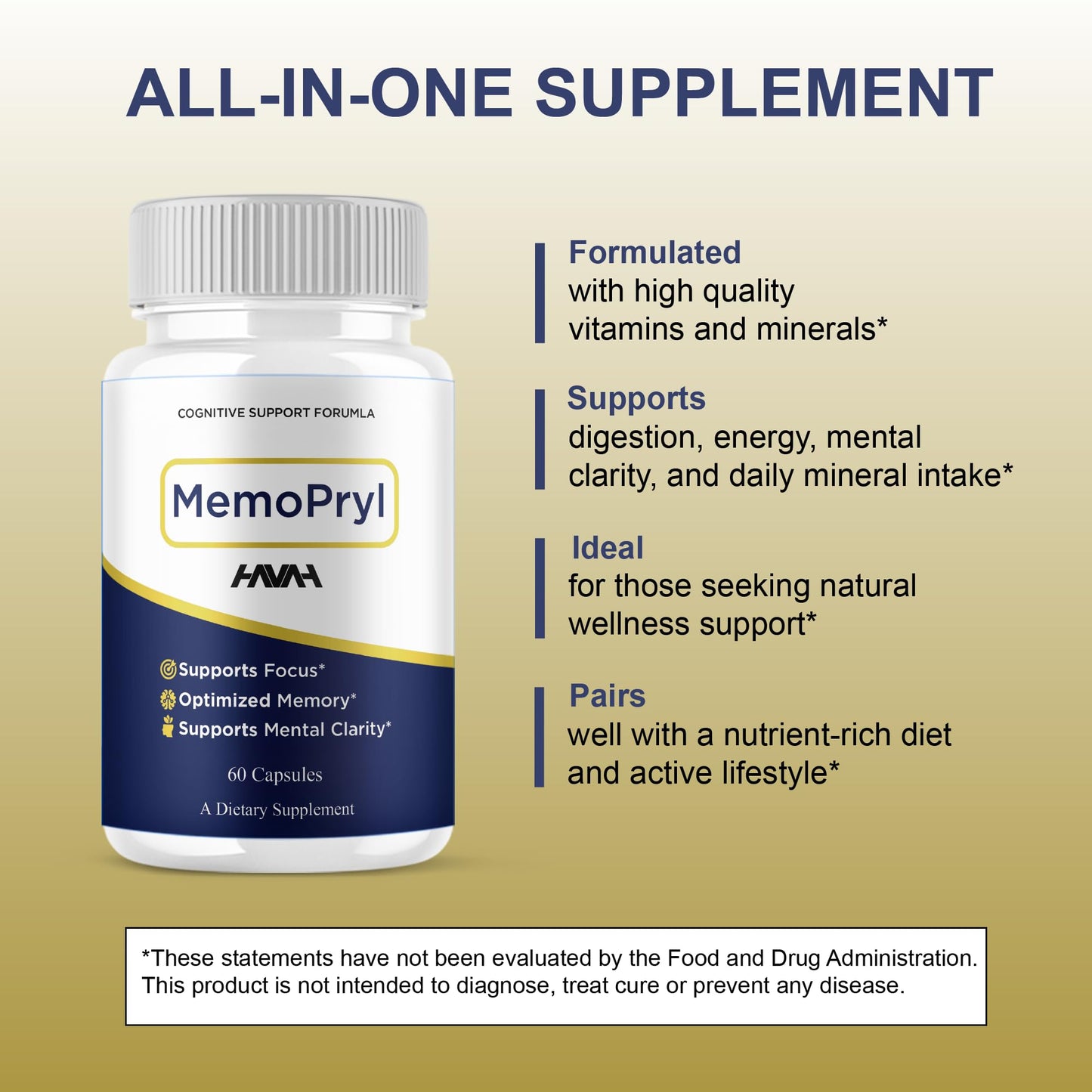 Havah Memopryl Advanced Health and Wellness Nootropic Supplement Capsule, 180 Capsules