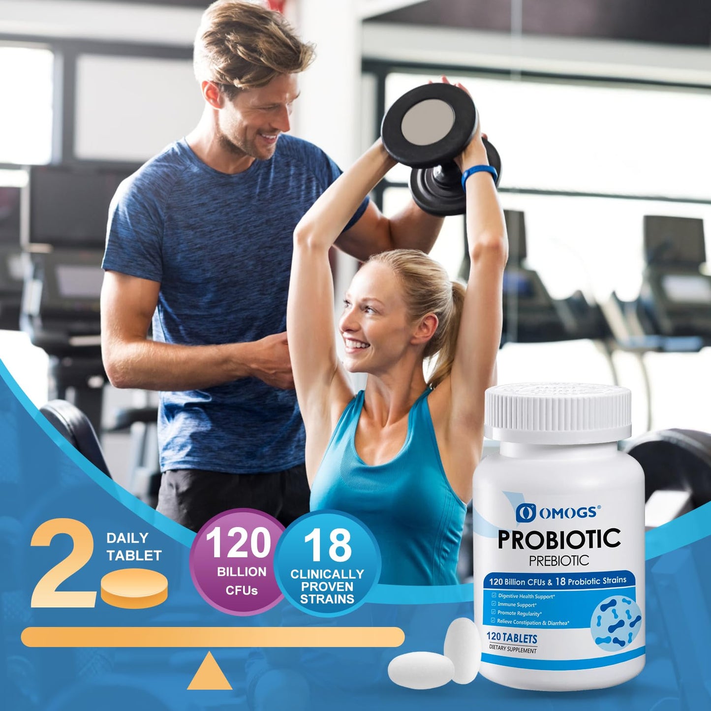 OMOGS Probiotics 120 Billion CFUs, 18 Strains, with 3 Organic Prebiotics & Vitamin C, Nutritional Supplement for Women, Men & Kids, Supports Metabolism, Immunity & Digestive Health, Non-GMO, 120 Tablets