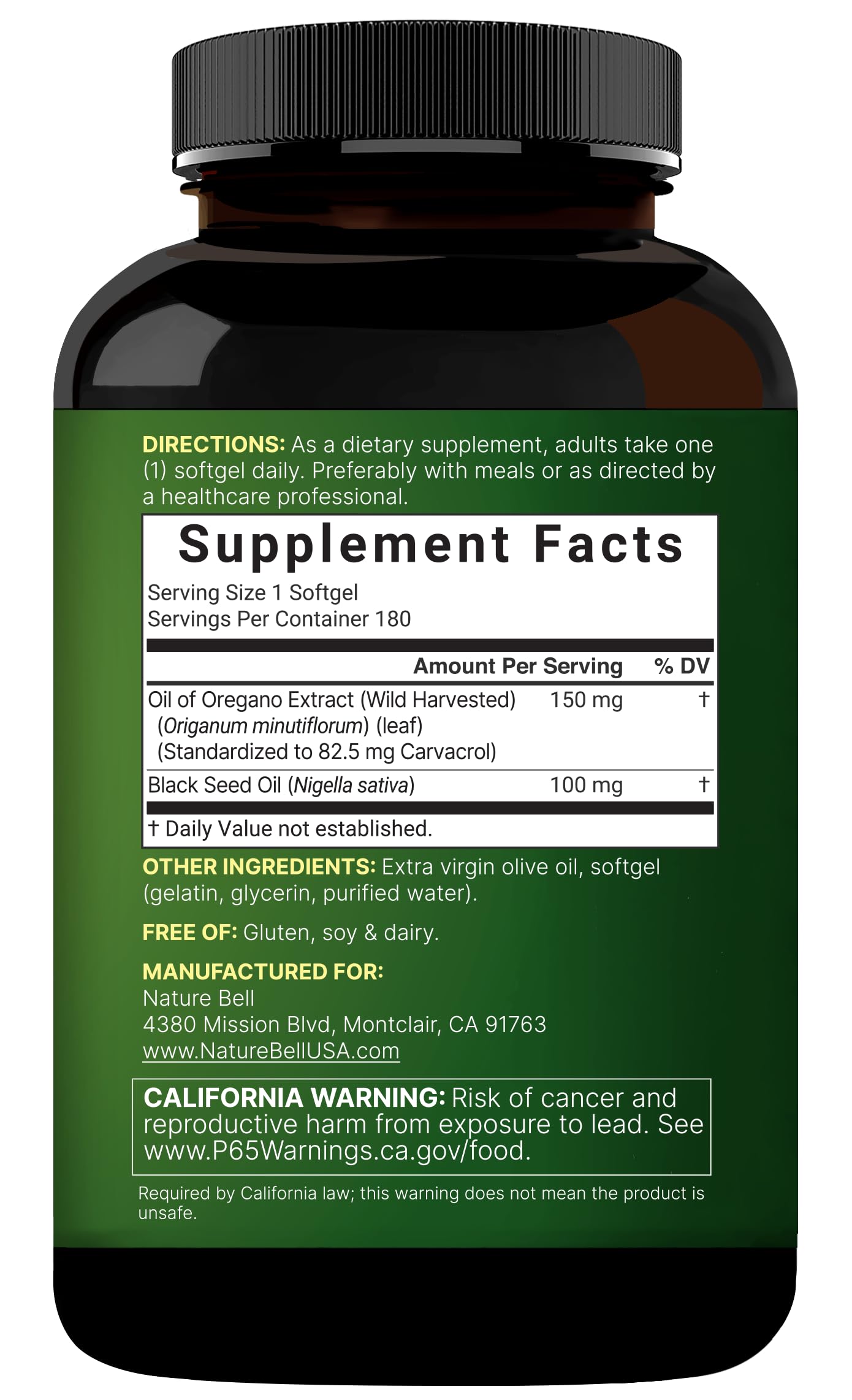 NatureBell Oil of Oregano with Black Seed Oil Softgels 180 Count
