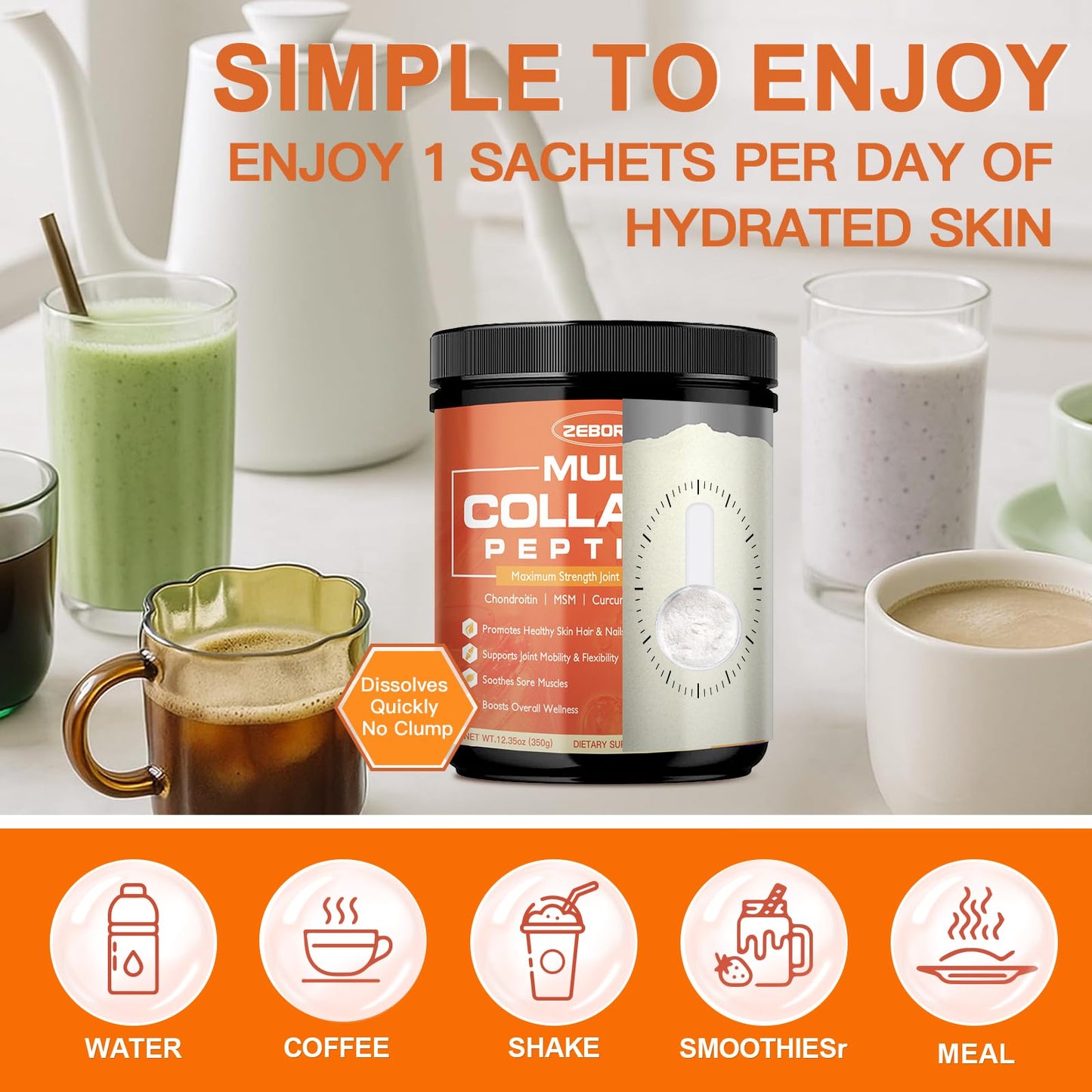 ZEBORA Multi-Collagen-Peptides Powder with MSM & CS for Joints, Type I II III V X Hydrolyzed Collagen Peptides with Hyaluronic Acid & Vitamin C for Hair, Skin, Nails, Non-GMO, 12.35 Ounce
