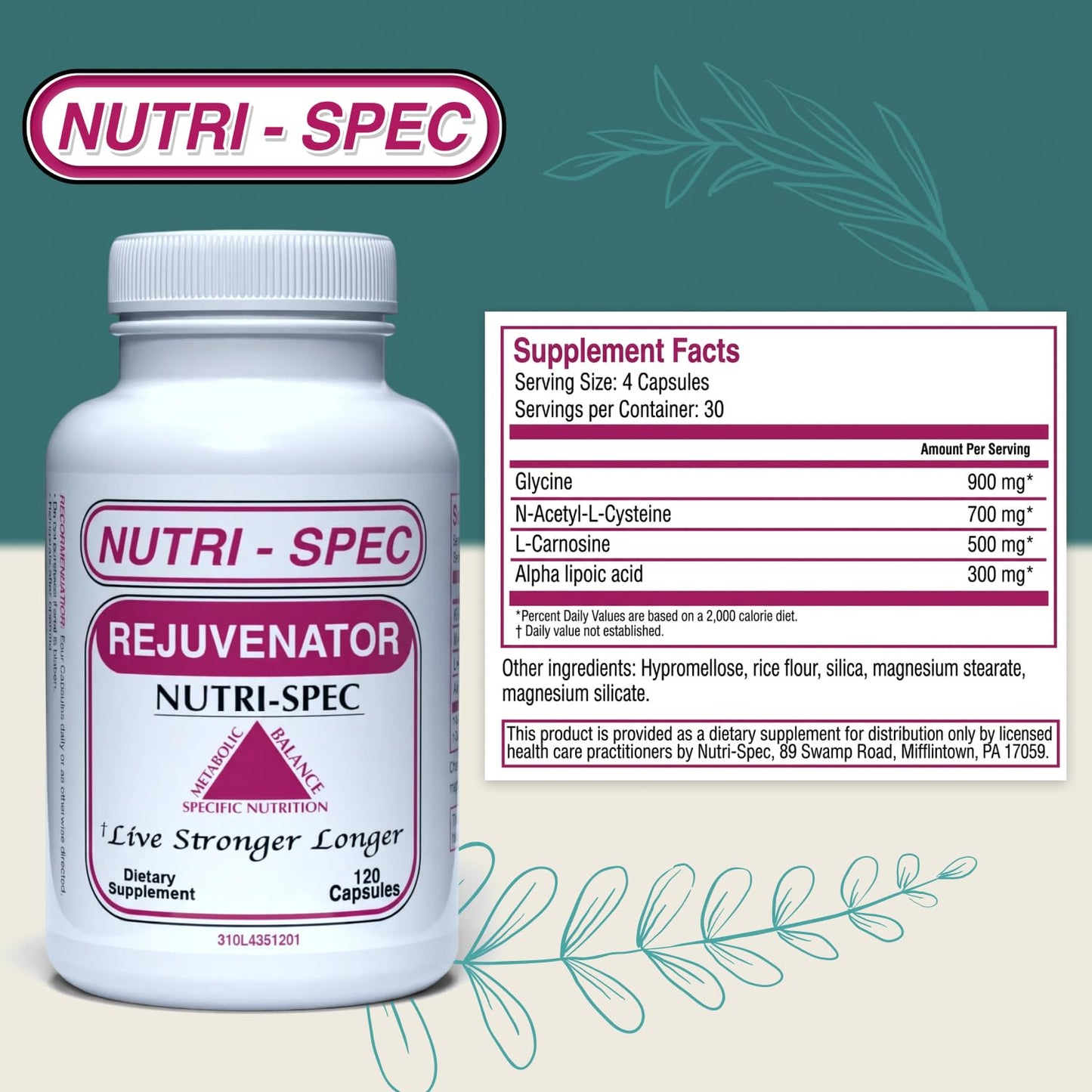 Nutri-Spec Rejuvenator Anti-Aging Supplement Antioxidant Cellular Support with Alpha Lipoic Acid, NAC, L-Carnosine & Glycine, 120 Capsules