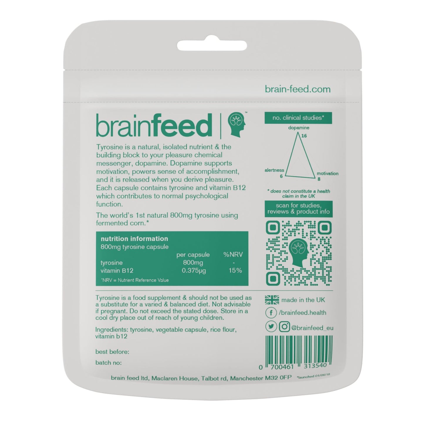 Brain Feed Dopamine Supplements High Strength Dopamine Booster 800mg L-Tyrosine per Capsule, 60 Count