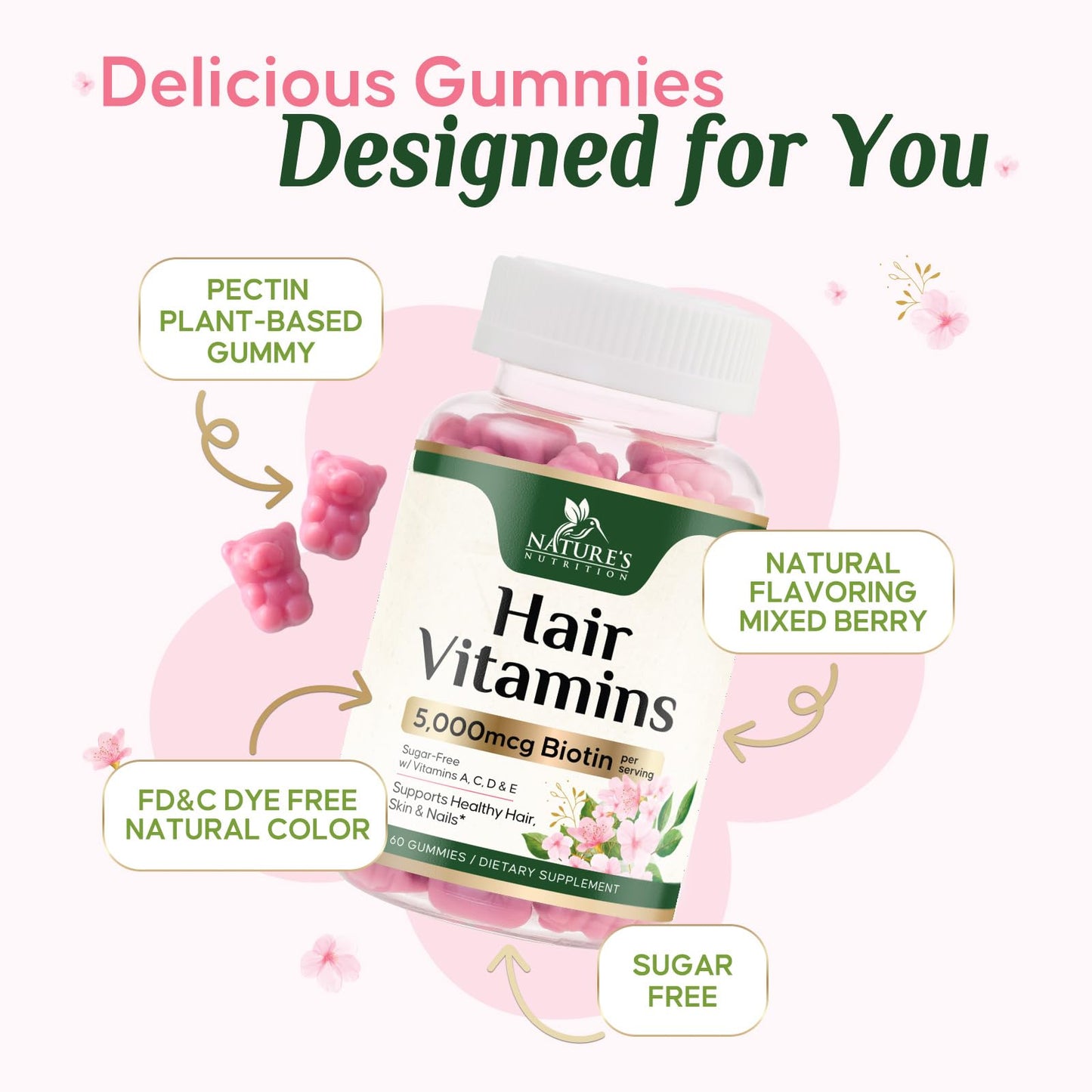 Nature's Nutrition Hair Vitamins with Biotin 5000 mcg Gummy, 60 Gummies