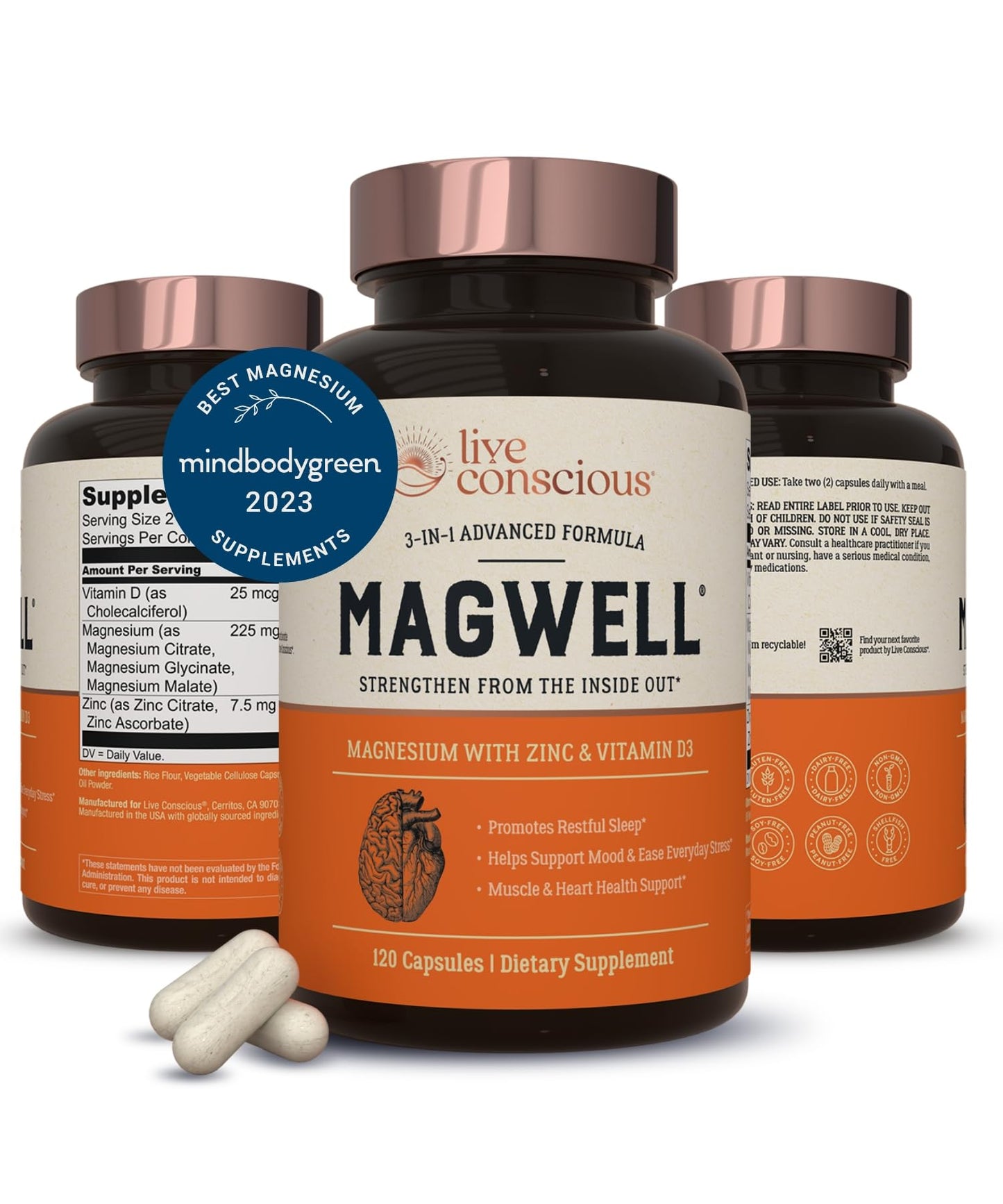 Live Conscious Magnesium Zinc & Vitamin D3 - Bioavailable Forms of Magnesium - Malate, Glycinate, Citrate - MagWell Bone & Heart Health, Immune System Support, 240 Capsules