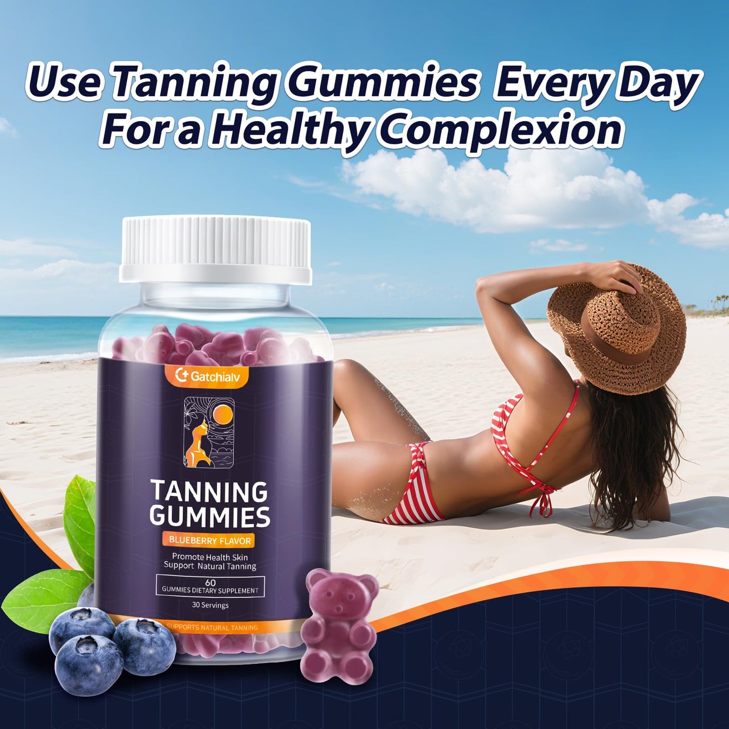 Gatchialv Tanning Gummies Self Tan Bronzing Supplement that Work Without Sun No Sugar Vegan with Astaxanthin Lycopene Beta Carotene and Vitamins, 60 Count
