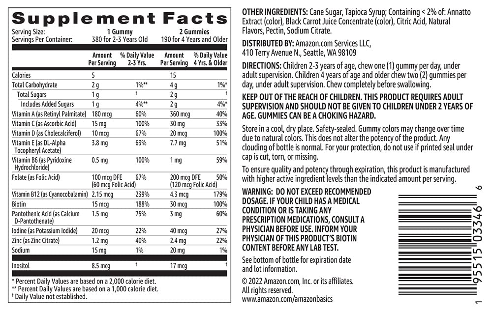 Amazon Basics Kids' Multivitamin Gummies 380 Count