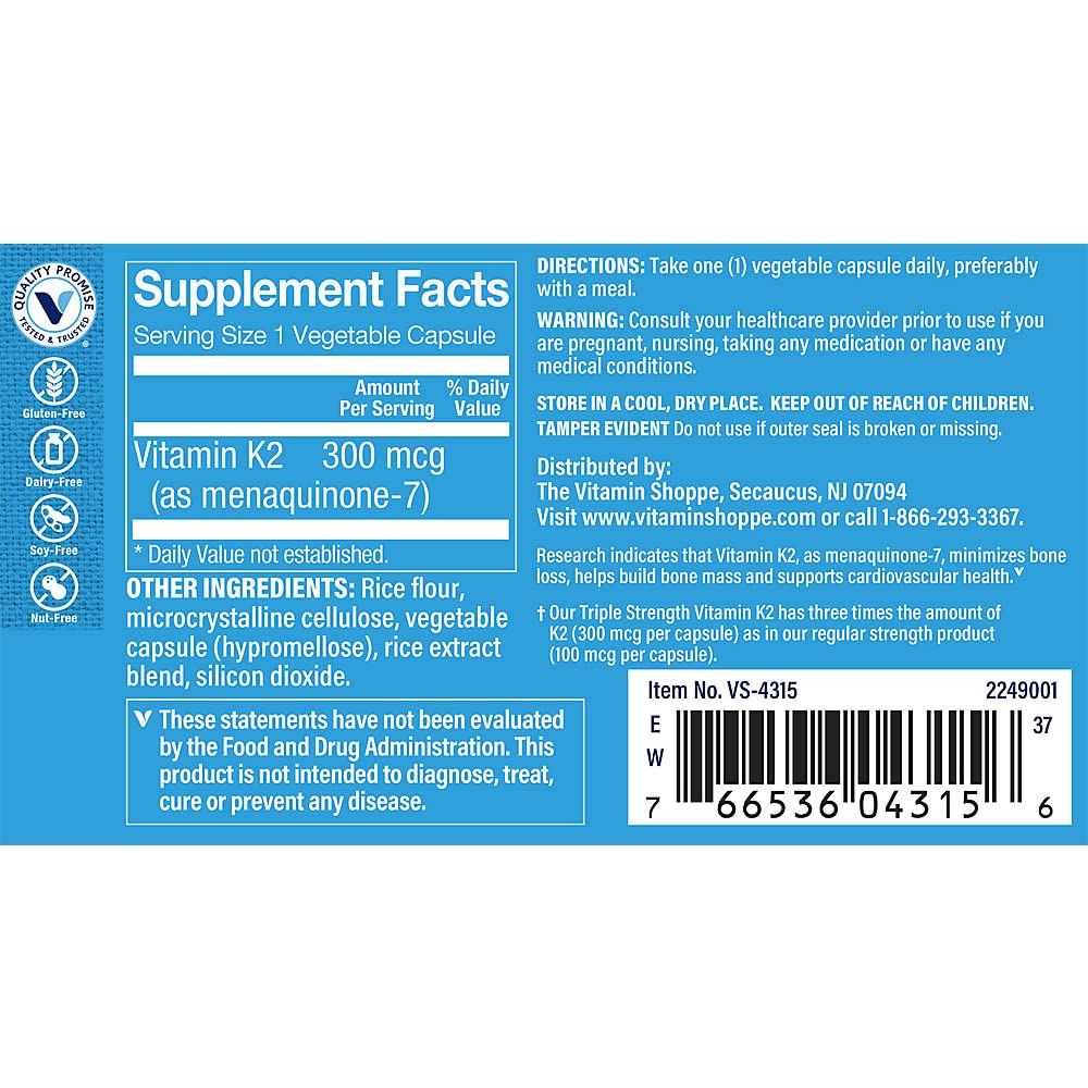 The Vitamin Shoppe Vitamin K2 MK-7 300mcg Triple Strength, 120 Capsules