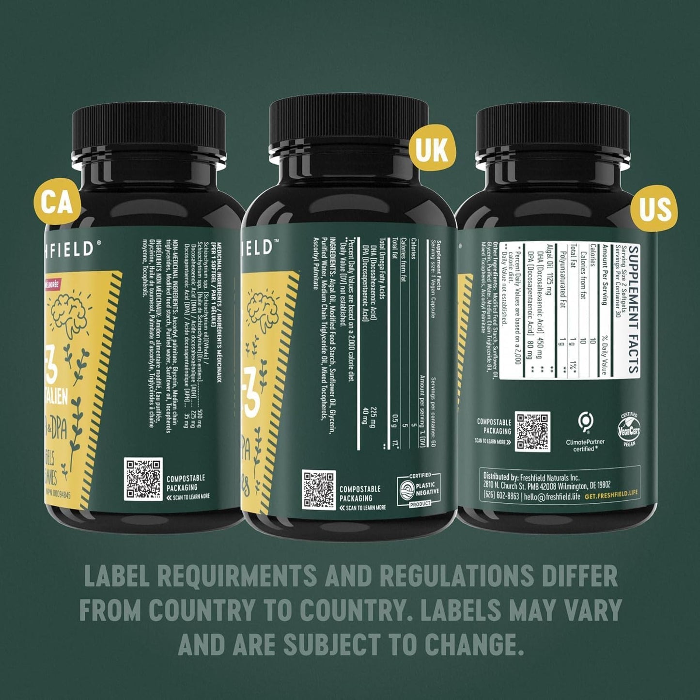 Freshfield Vegan Omega-3 Algae Oil DHA Supplement Softgels 120