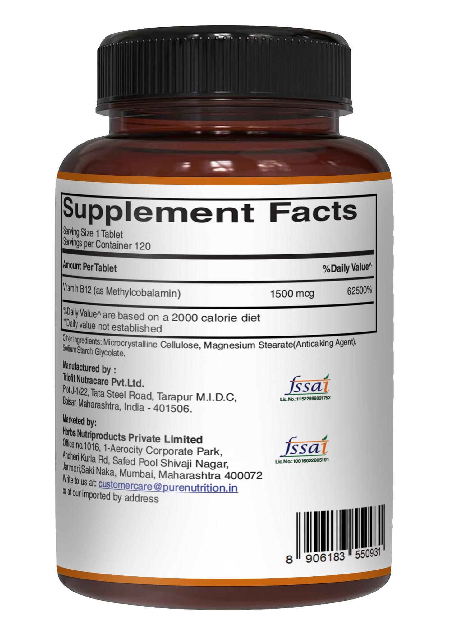 PURE NUTRITION NATURAL TREASURES Vitamin B12 1500mcg (Methylcobalamin) Tablets, 120 Veg Tabs