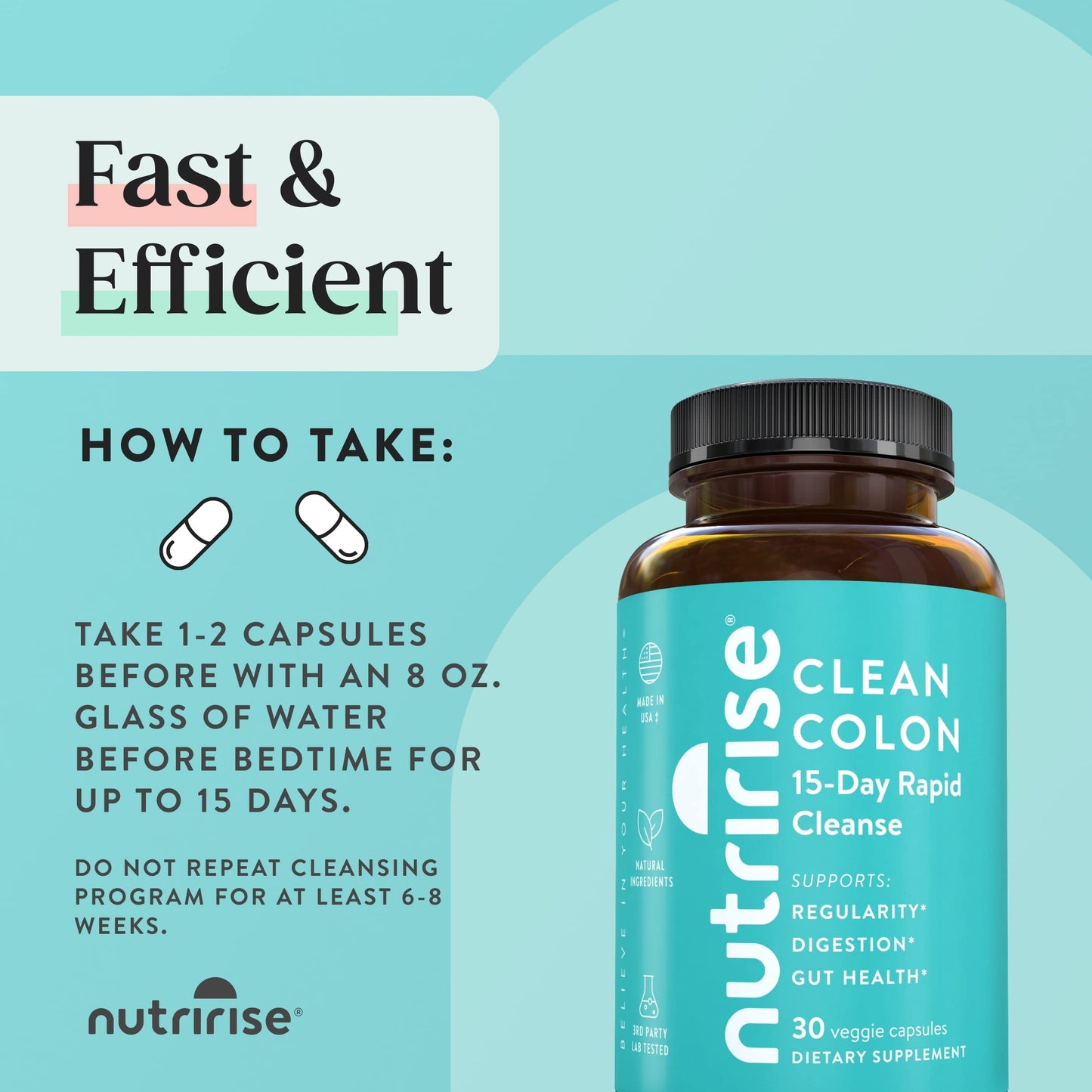 NutriRise 15 Day Quick Colon Cleanse for Gut Health Capsules, 30 Capsules