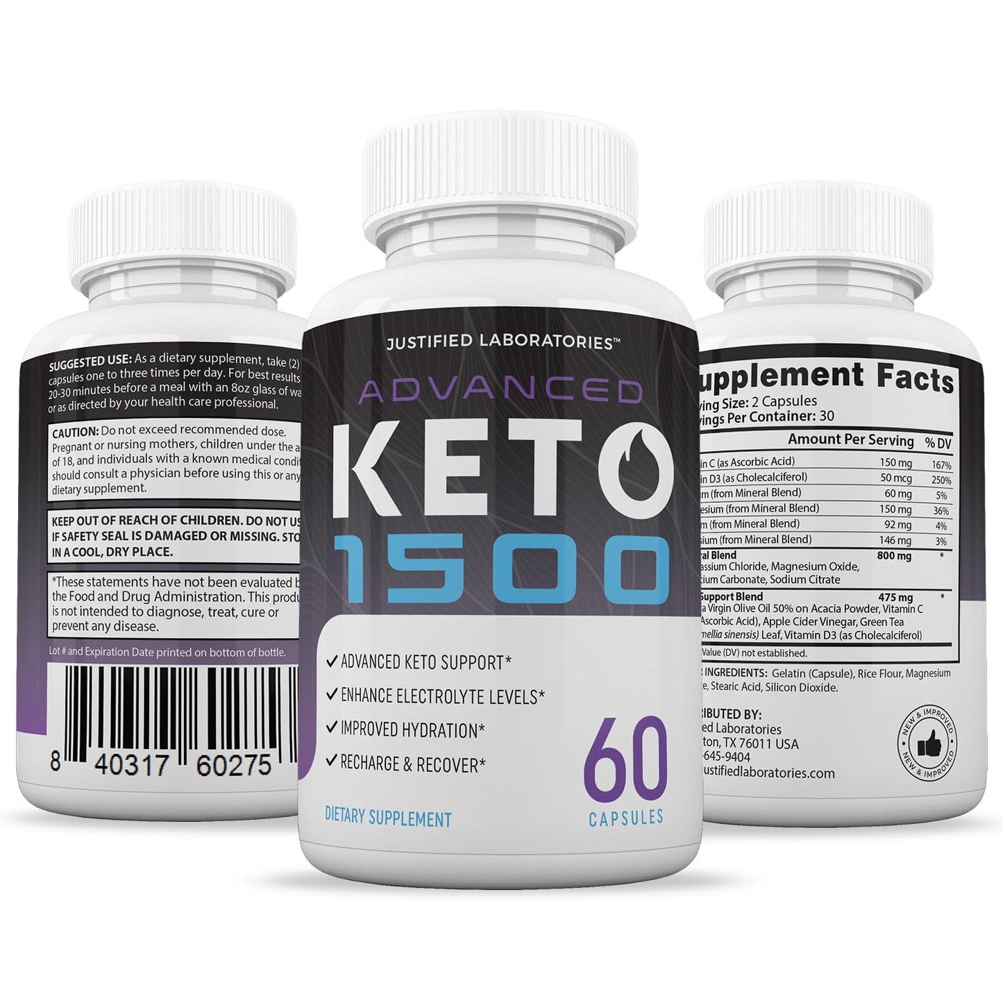 Justified Laboratories Advanced Keto 1500 Keto Capsules, 1275mg, 600 Count