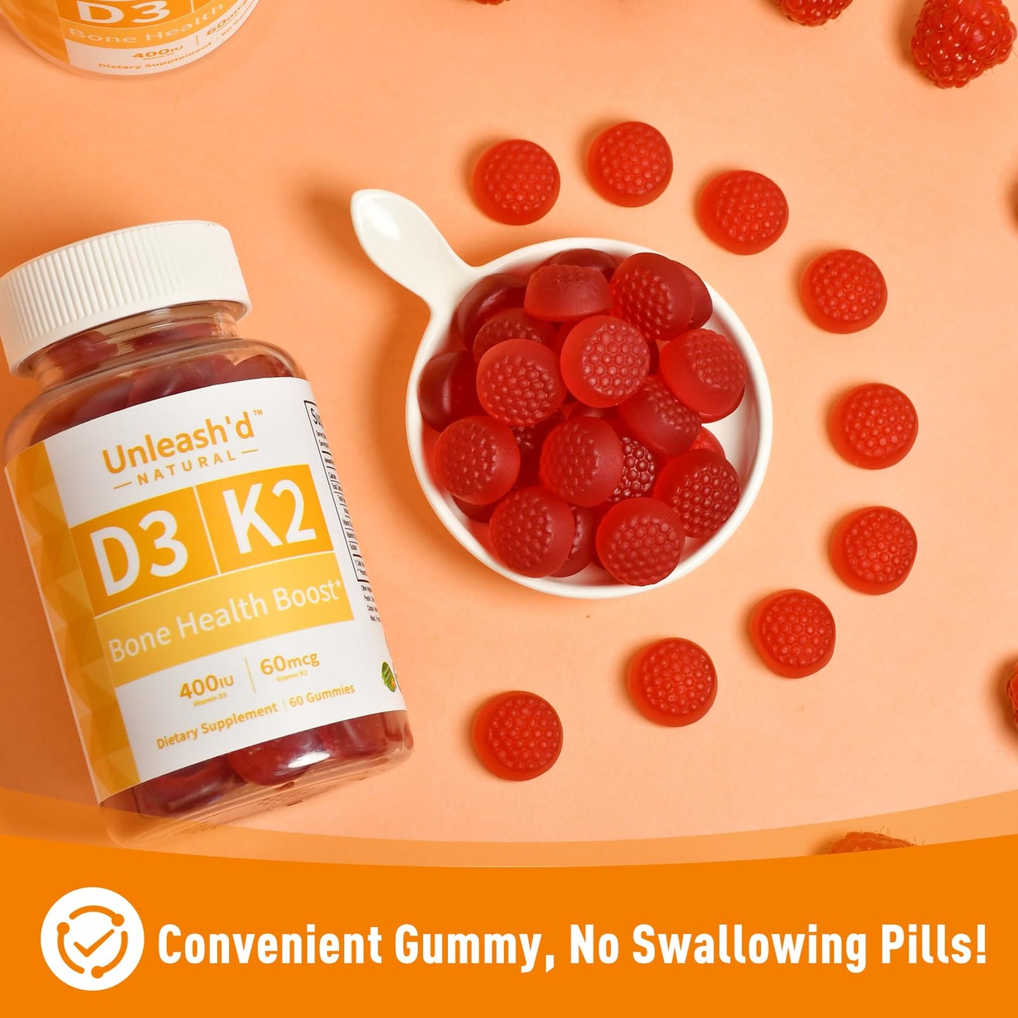 UNLEASH'D ORGANIC Vitamin D3 K2 Gummies 60 Count