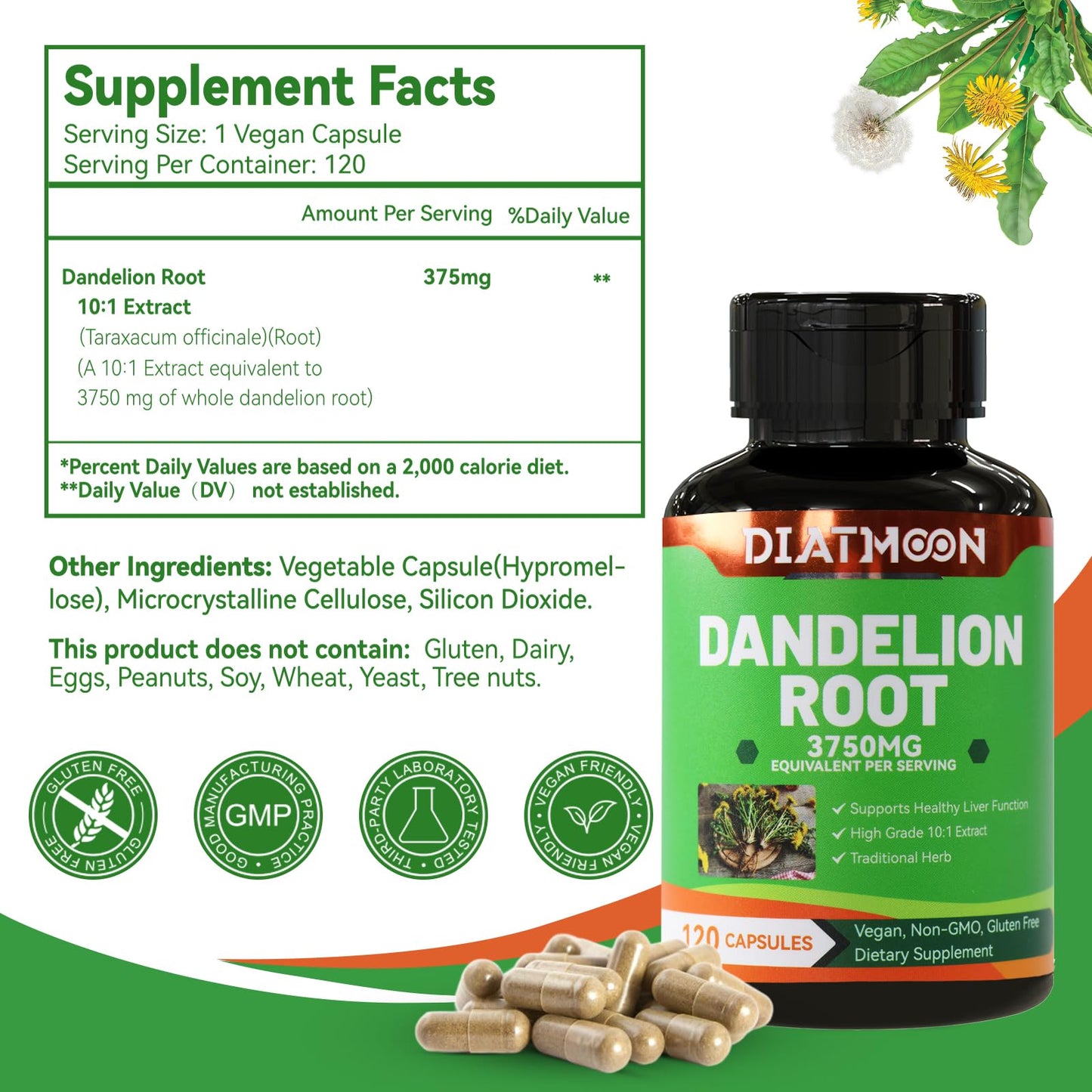 DIATMOON Dandelion Root Supplement 3750mg Capsules 120 Count
