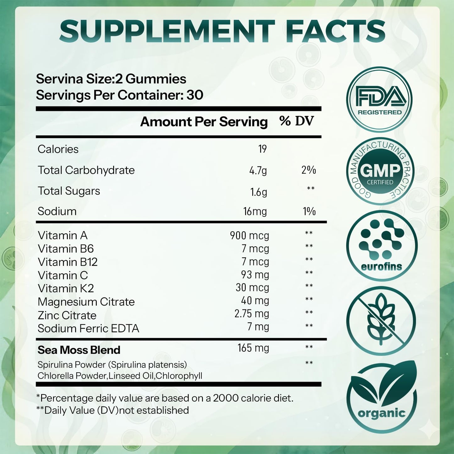 CareGem 38-in-1 Super Greens Gummies with Sea Moss, Spirulina, Chlorella, 60 Gummies