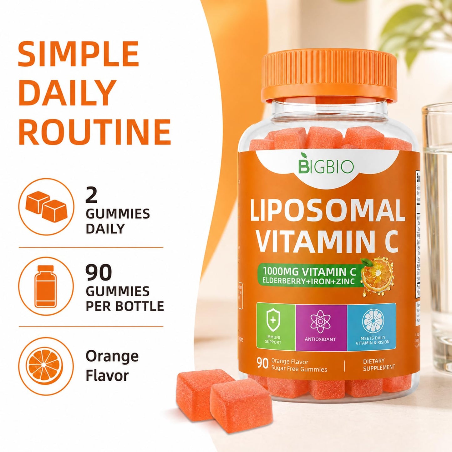 BIGBIO Liposomal Vitamin C Gummies 1000mg with Elderberry, Zinc & Iron for Immune Support, 90 Gummies