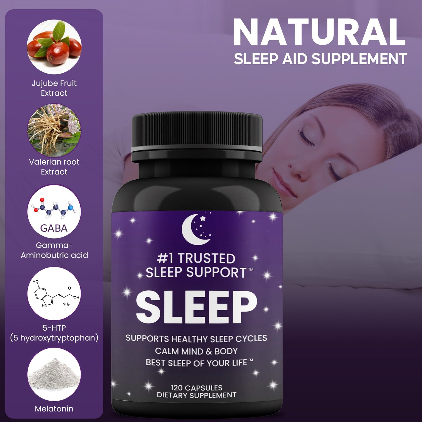#1 TRUSTED SLEEP SUPPORT Natural Sleep Aid for Adults 120 Capsules