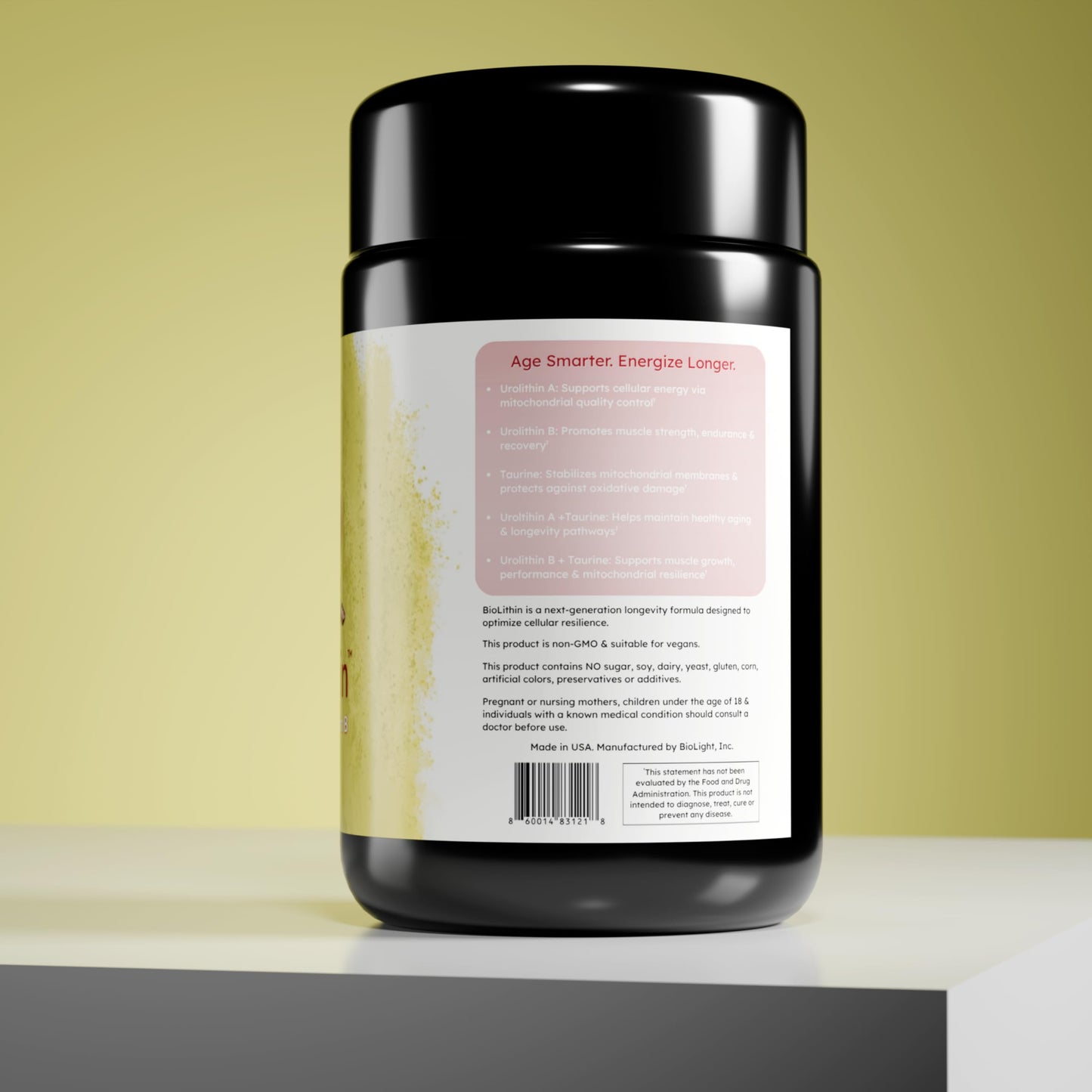 BIOLIGHT BioLithin Premium Urolithin A + Urolitin B Complex with Taurine Capsule 120 Count Mitochondrial Recycling, Muscle Support, Cellular Energy, Vitality & Longevity Support
