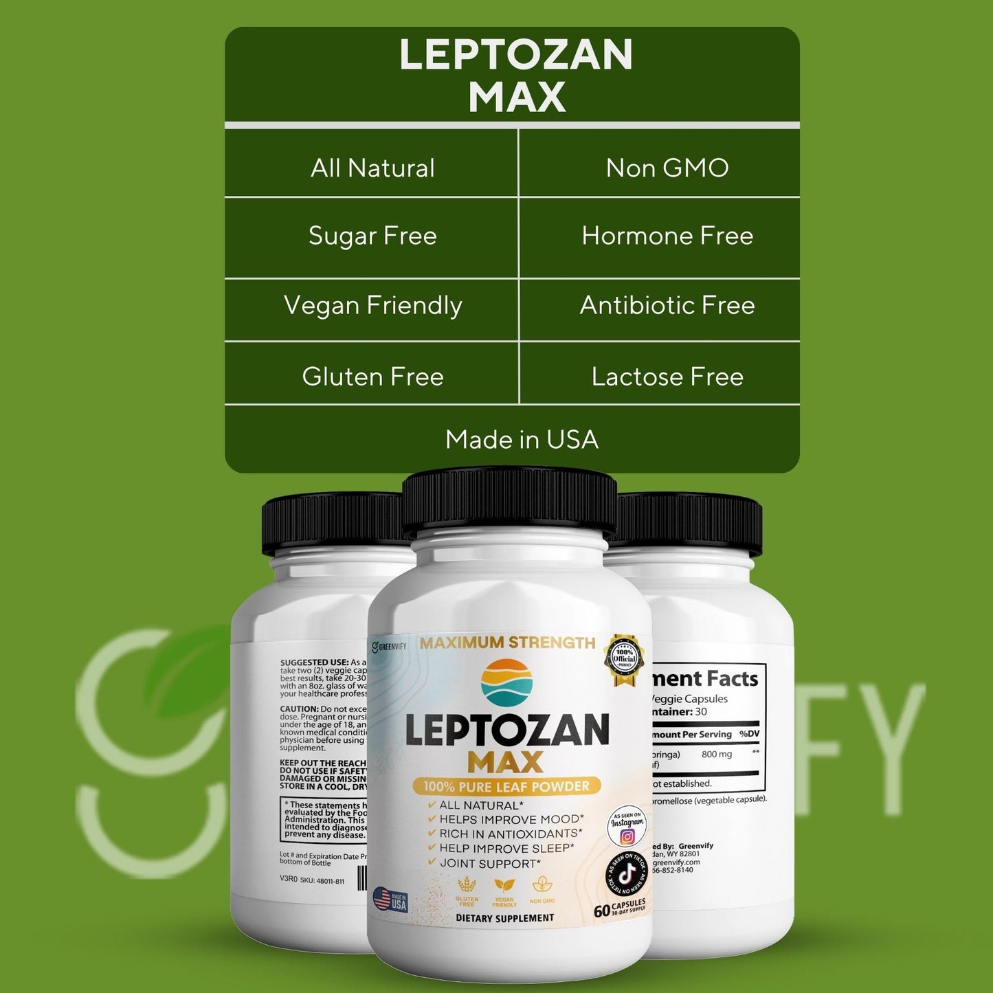 GREENVIFY Leptozan Max 800mg Horseradish Tree Moringa Supplement Capsule 180 Count