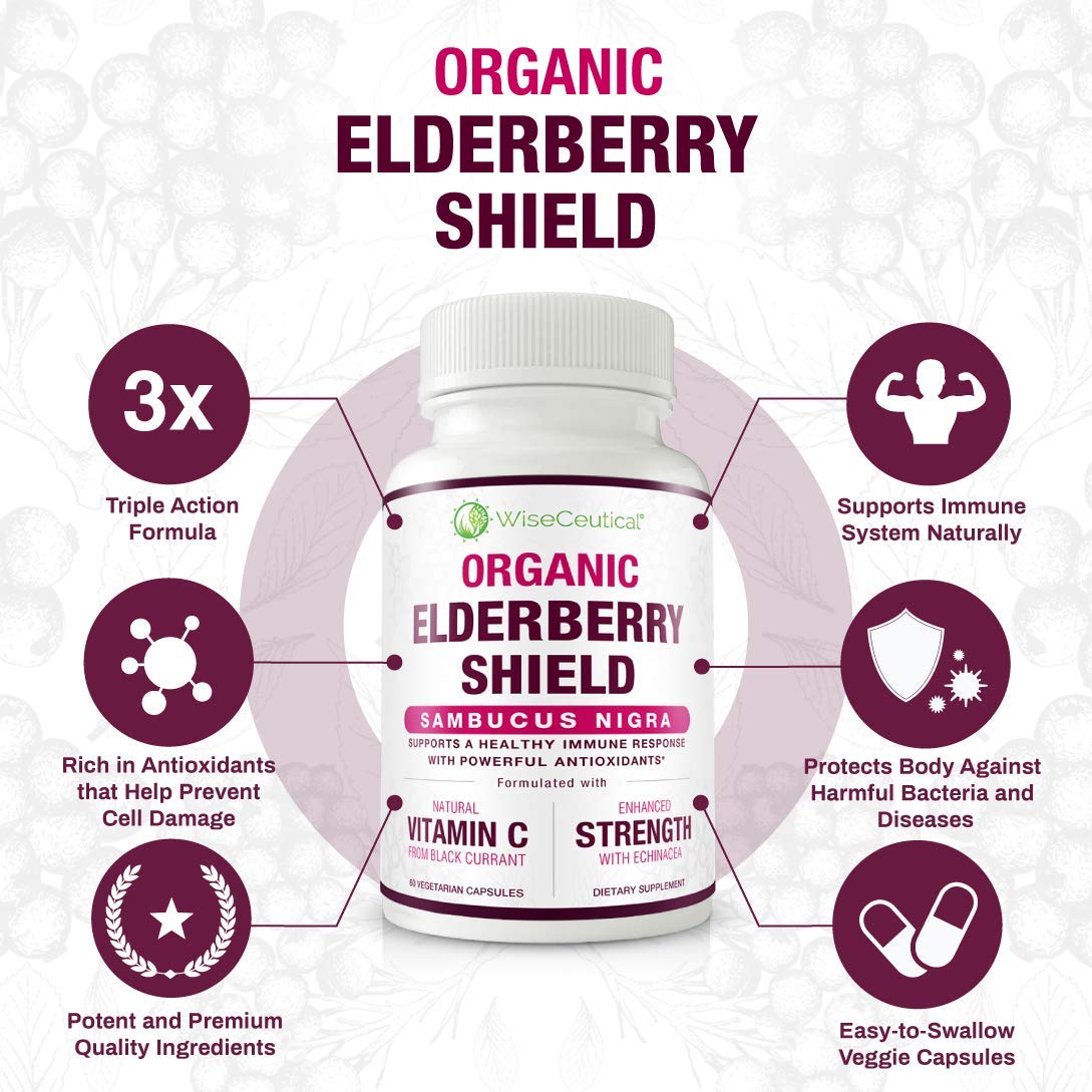 Wiseceutical Black Elderberry with Black Currant Extract, Echinacea & Vitamin C Immune Support Capsules, 60 Capsules